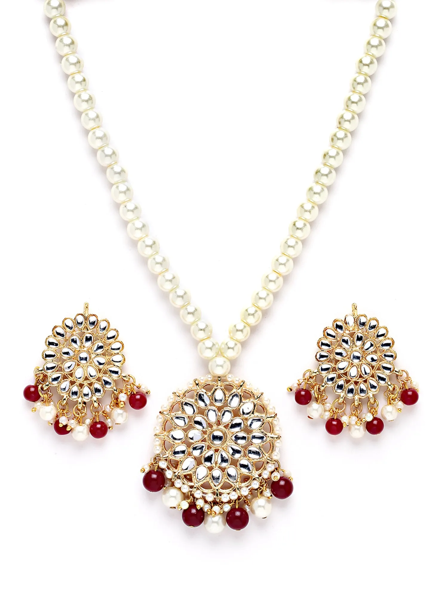 Karatcart Gold Plated Red Beads and Pearl Studded Kundan Necklace Set for Women