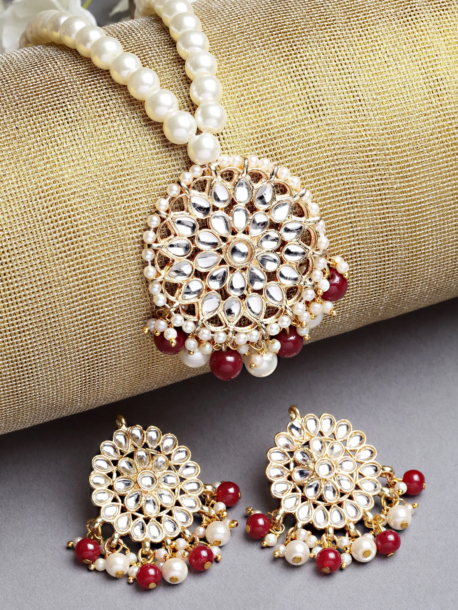 Karatcart Gold Plated Red Beads and Pearl Studded Kundan Necklace Set for Women