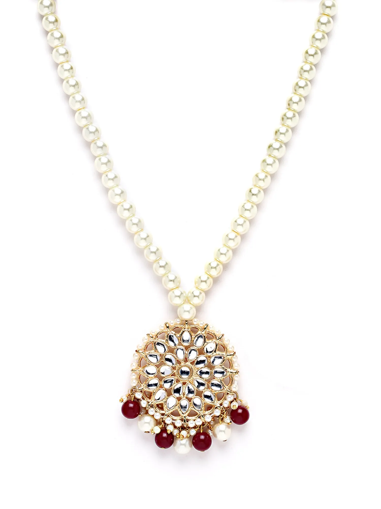 Karatcart Gold Plated Red Beads and Pearl Studded Kundan Necklace Set for Women
