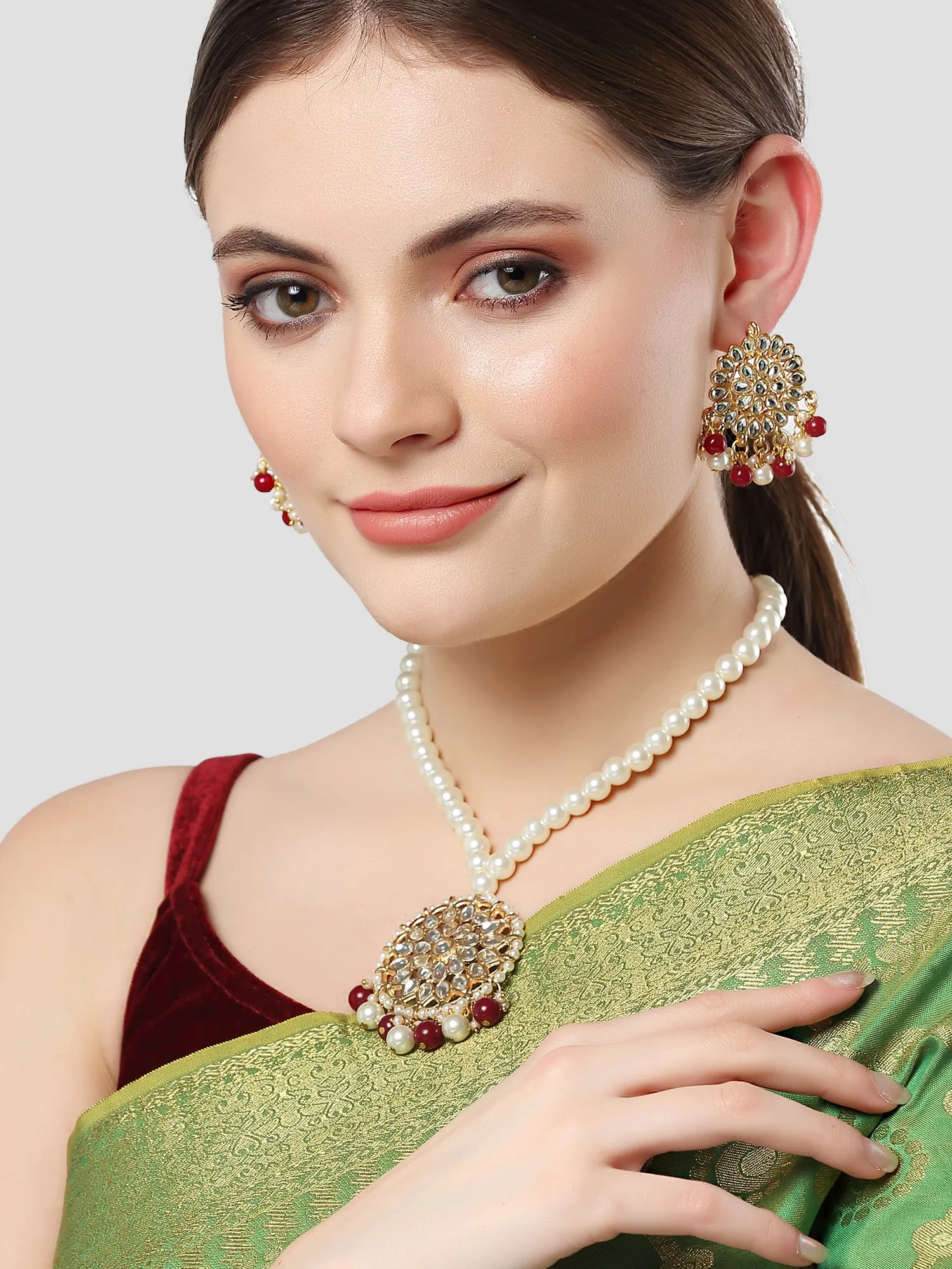 Karatcart Gold Plated Red Beads and Pearl Studded Kundan Necklace Set for Women