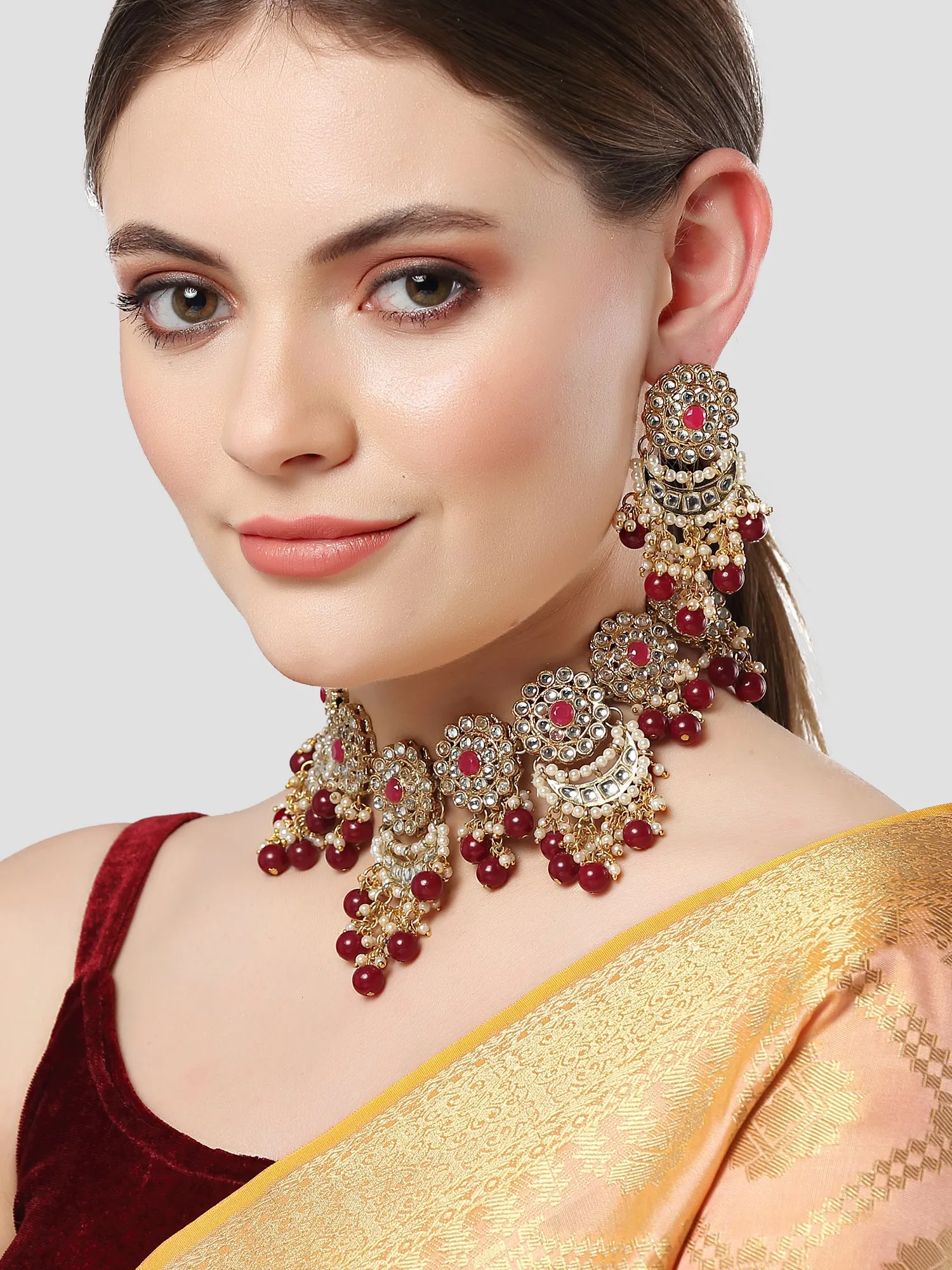Karatcart Gold Plated Red Beads Kundan Choker Necklace Set for Women