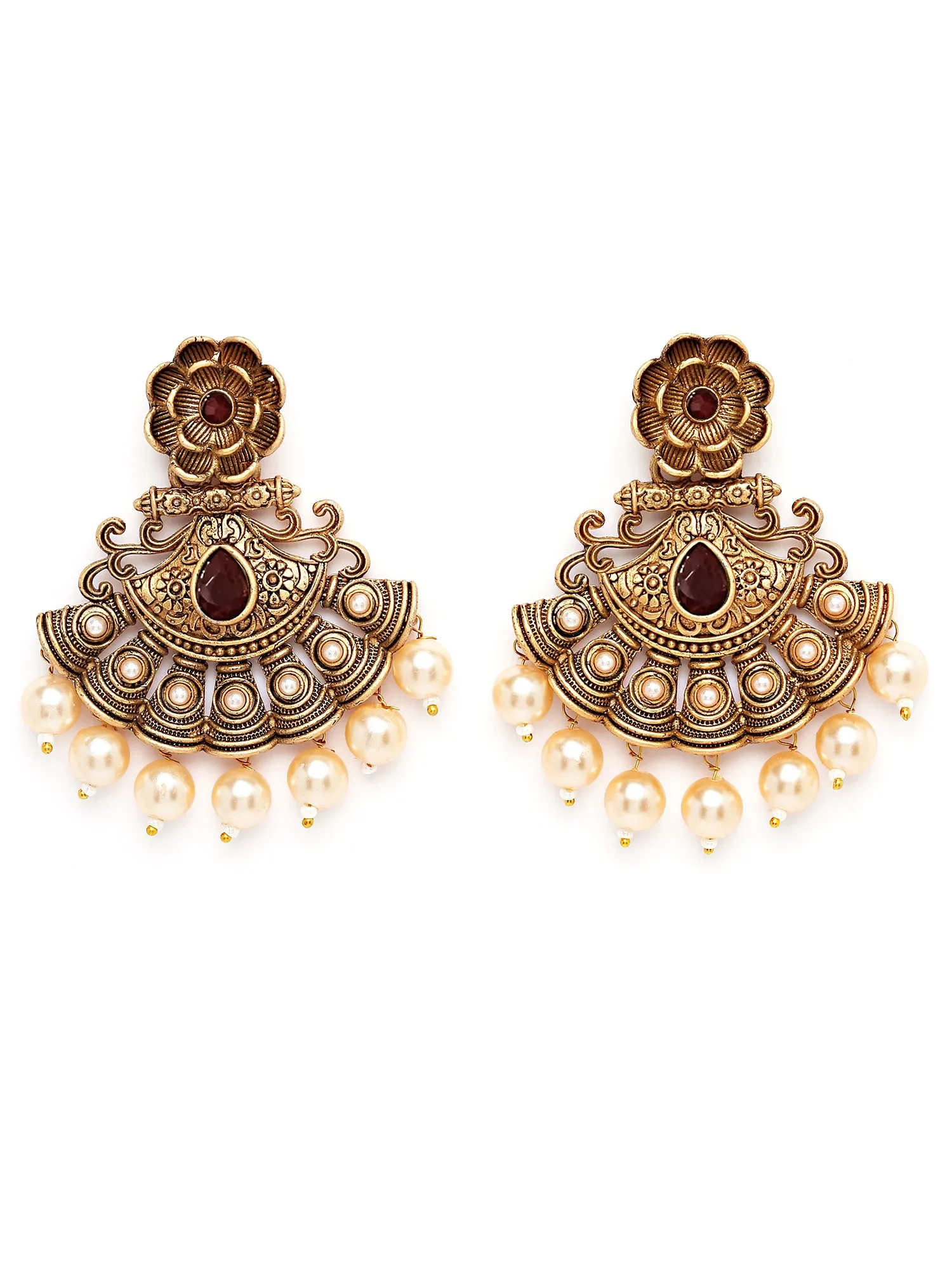 Karatcart Gold Plated Red Stone and Pearl Studded Dangler Earrings for Women