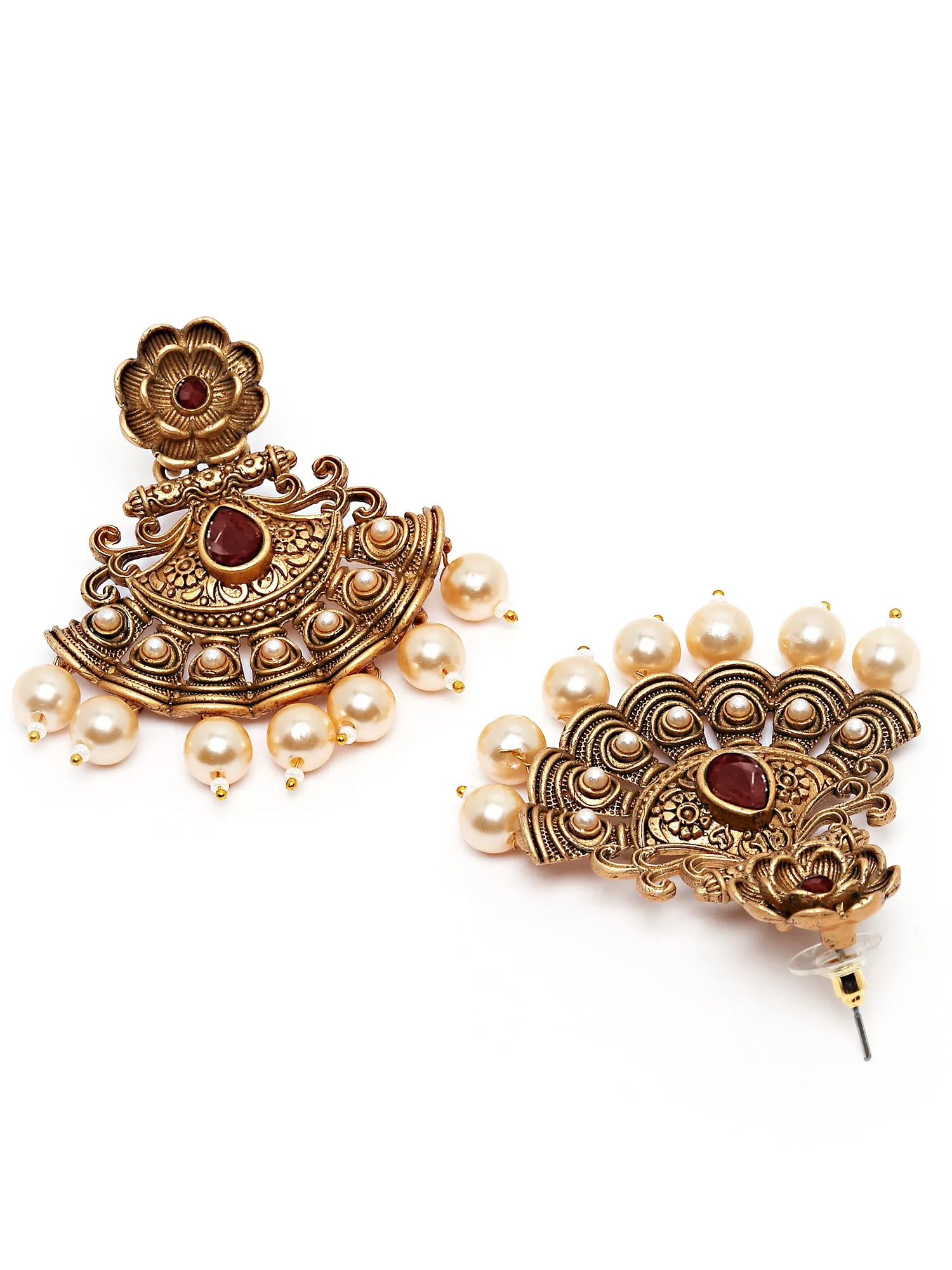Karatcart Gold Plated Red Stone and Pearl Studded Dangler Earrings for Women