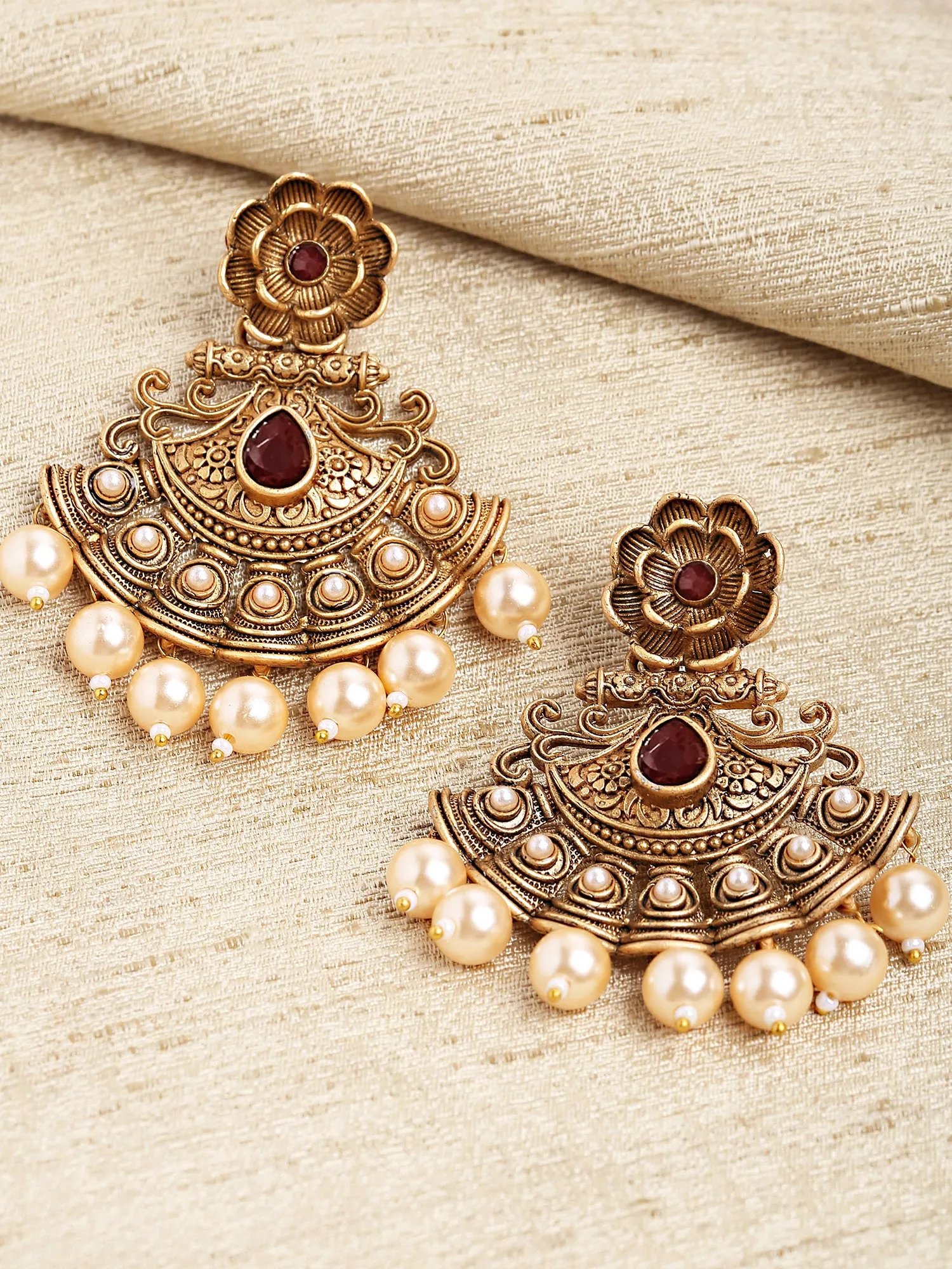 Karatcart Gold Plated Red Stone and Pearl Studded Dangler Earrings for Women