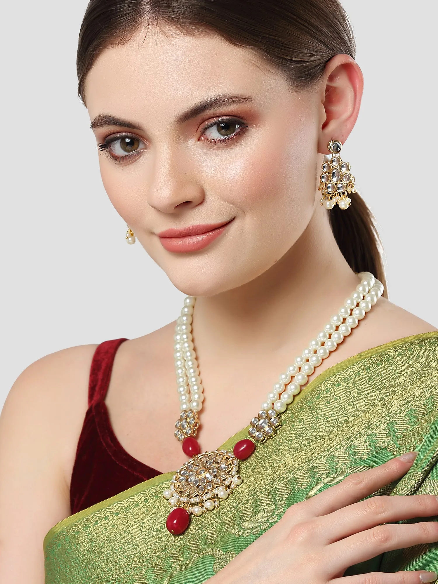 Karatcart Gold Plated Red Tumble and Pearl Studded Kundan Necklace Set for Women
