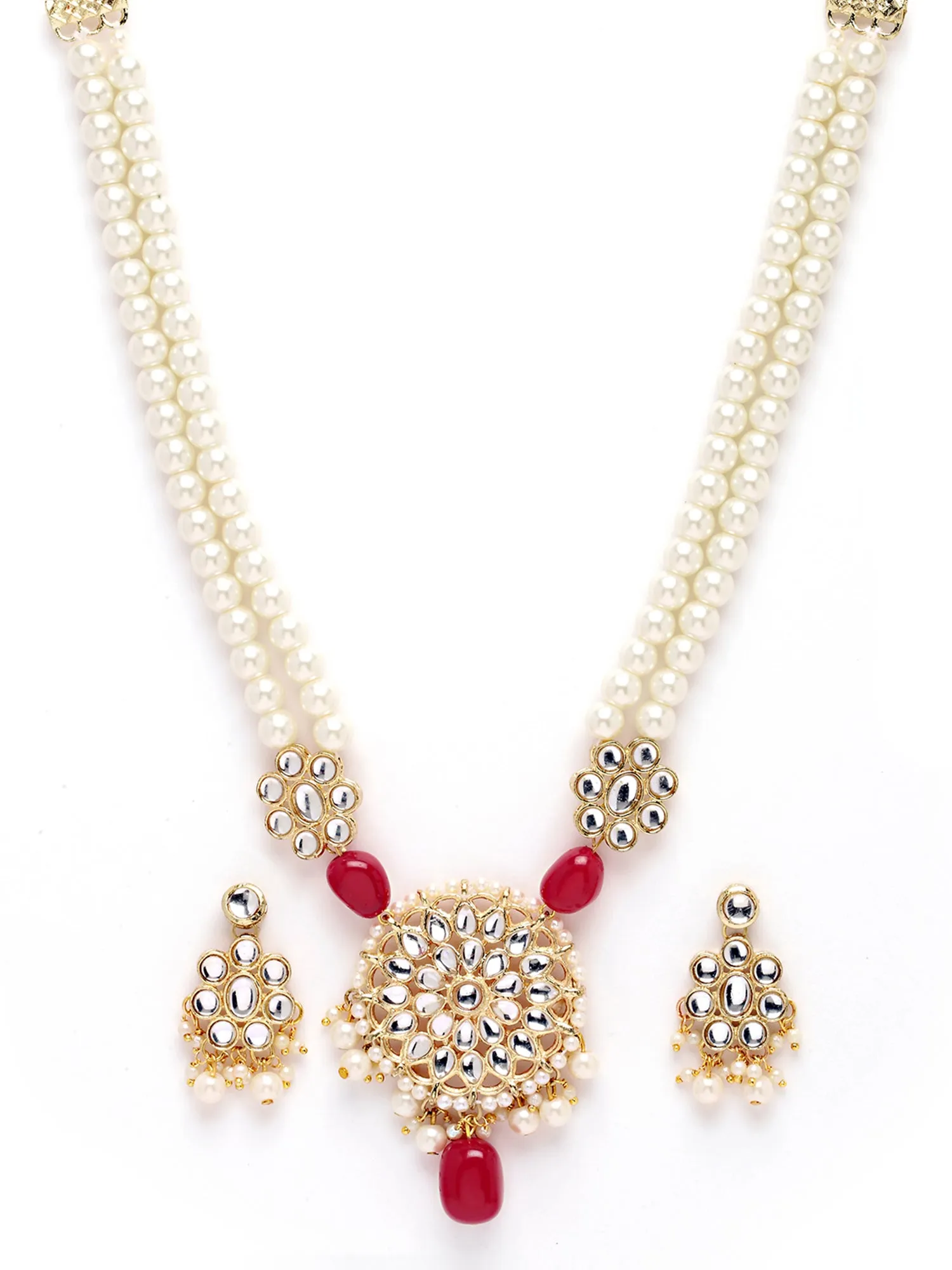 Karatcart Gold Plated Red Tumble and Pearl Studded Kundan Necklace Set for Women