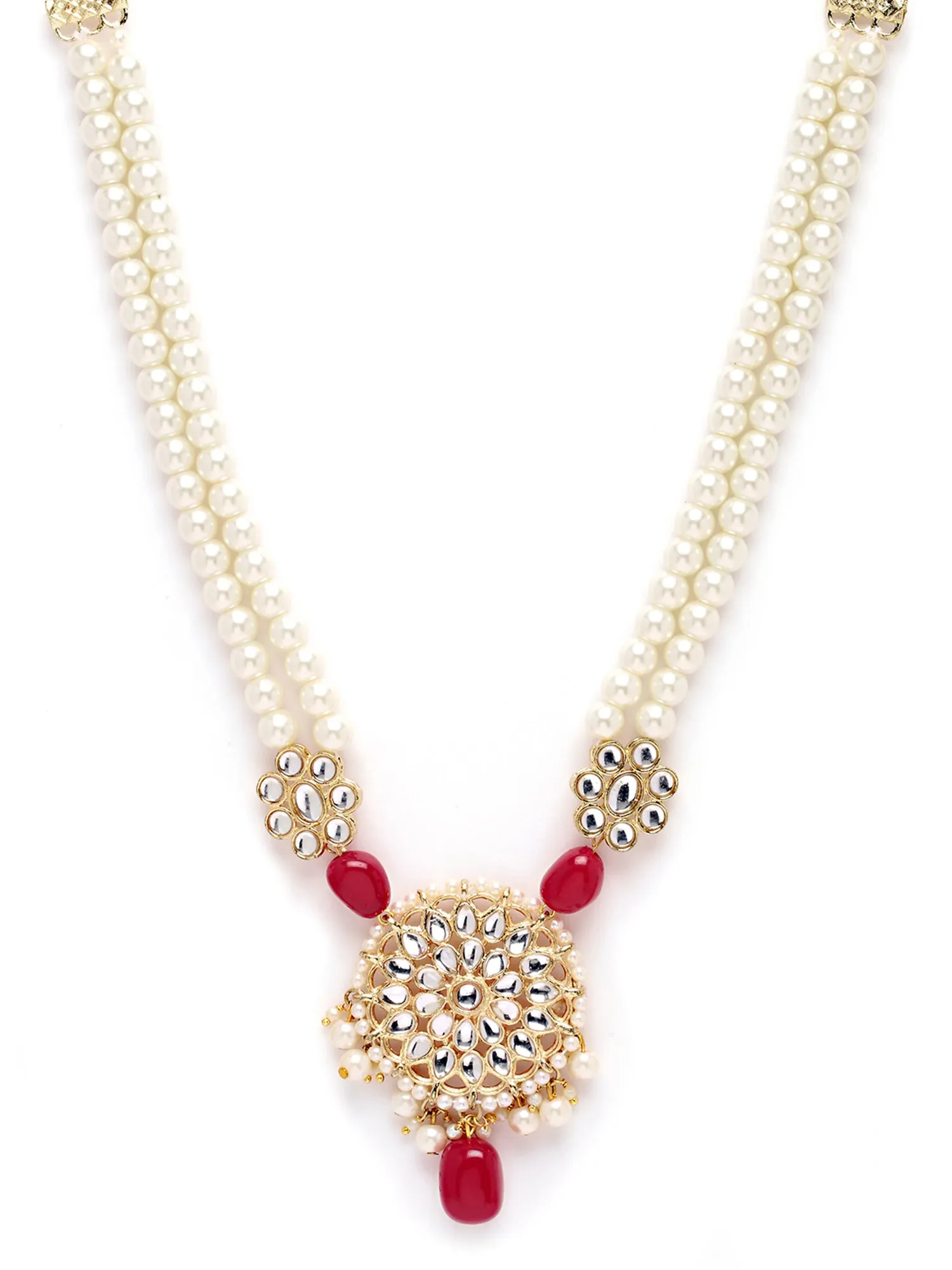 Karatcart Gold Plated Red Tumble and Pearl Studded Kundan Necklace Set for Women