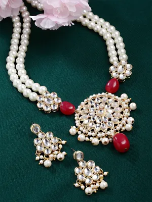 Karatcart Gold Plated Red Tumble and Pearl Studded Kundan Necklace Set for Women