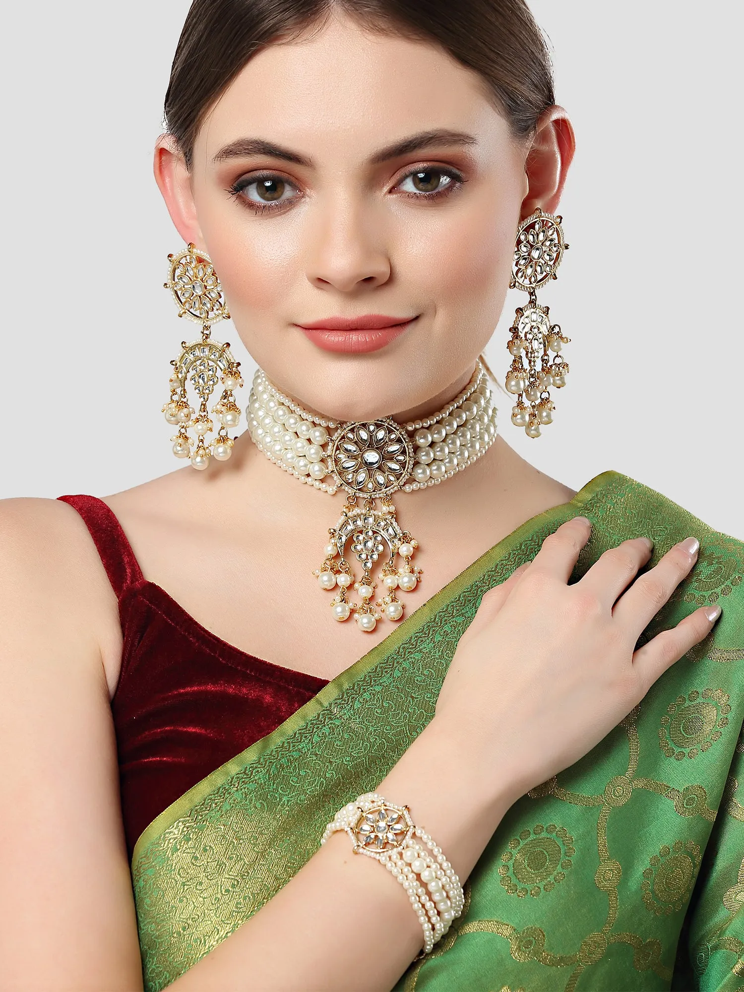 Karatcart Gold Plated White Pearl Kundan Choker Necklace Set with Bracelet for Women
