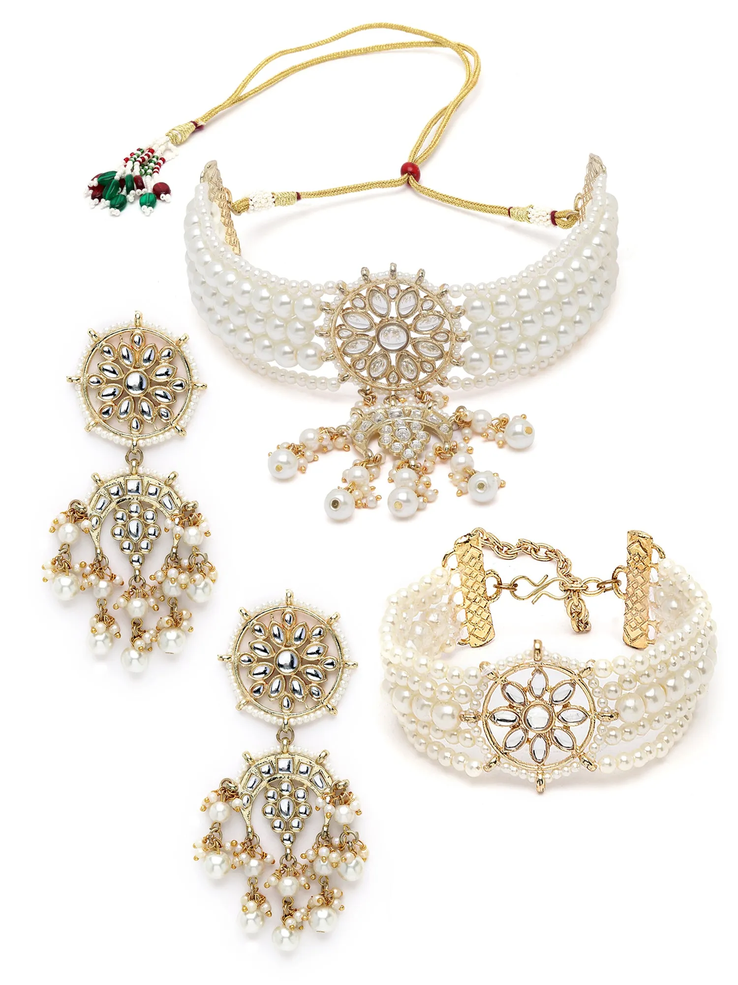 Karatcart Gold Plated White Pearl Kundan Choker Necklace Set with Bracelet for Women