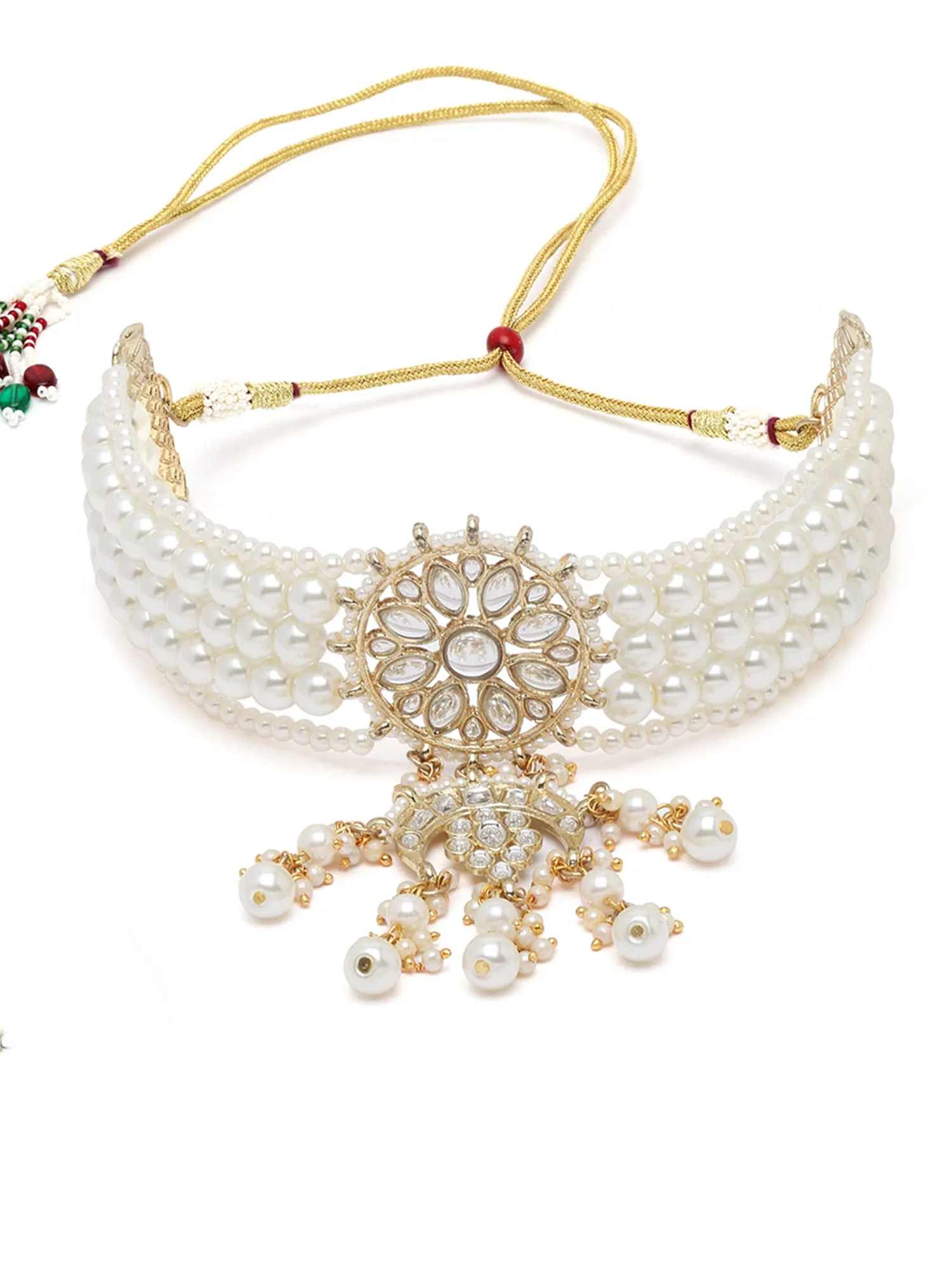 Karatcart Gold Plated White Pearl Kundan Choker Necklace Set with Bracelet for Women