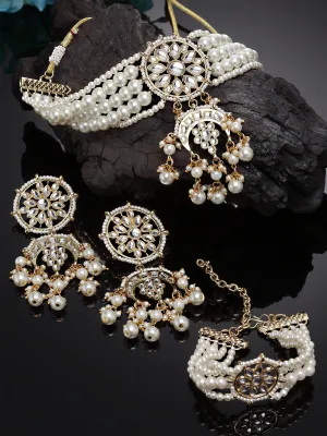 Karatcart Gold Plated White Pearl Kundan Choker Necklace Set with Bracelet for Women