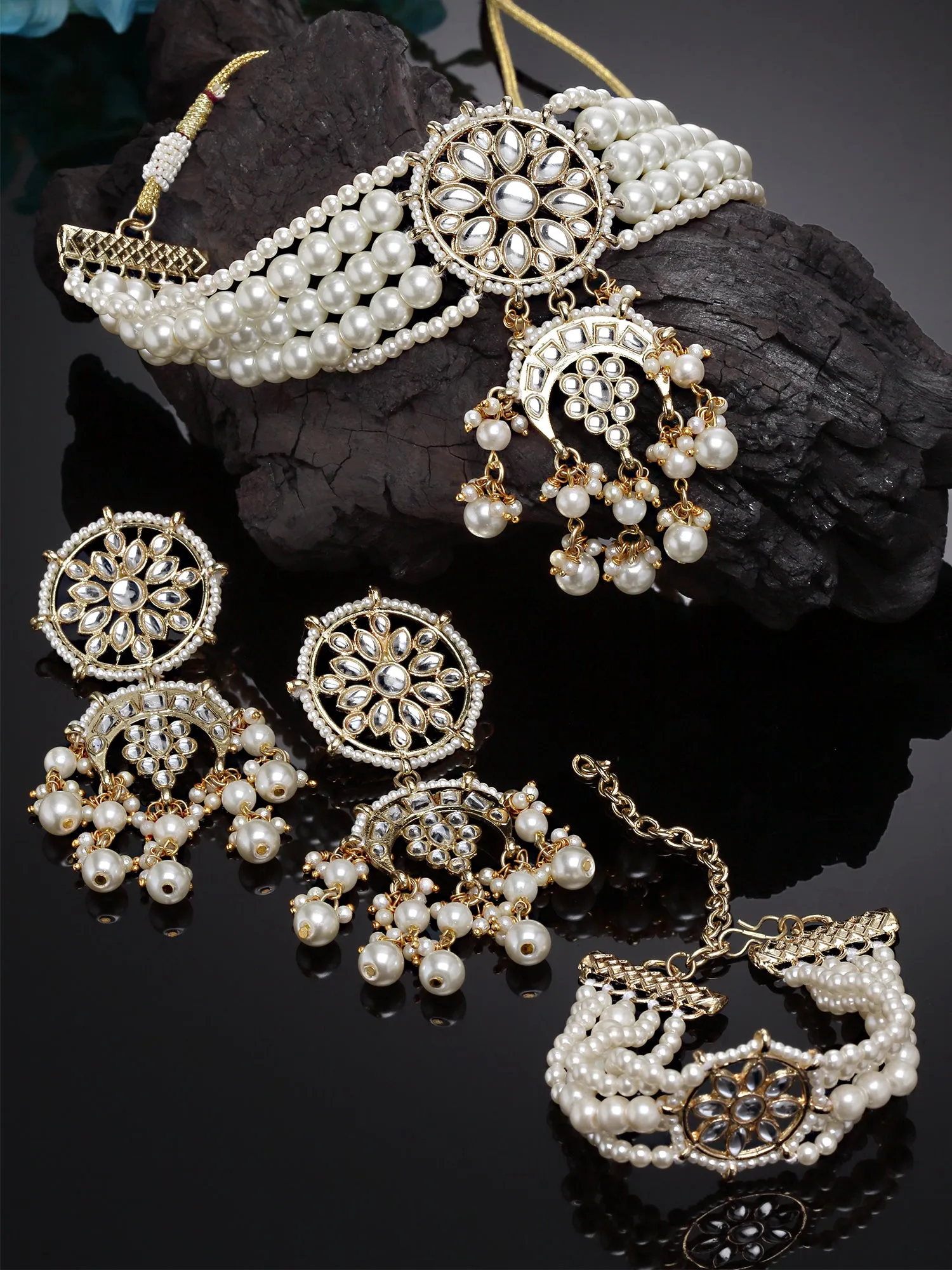 Karatcart Gold Plated White Pearl Kundan Choker Necklace Set with Bracelet for Women