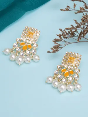 Karatcart Gold Plated Yellow and Pearl Studded Kundan Dangler Earrings for Women