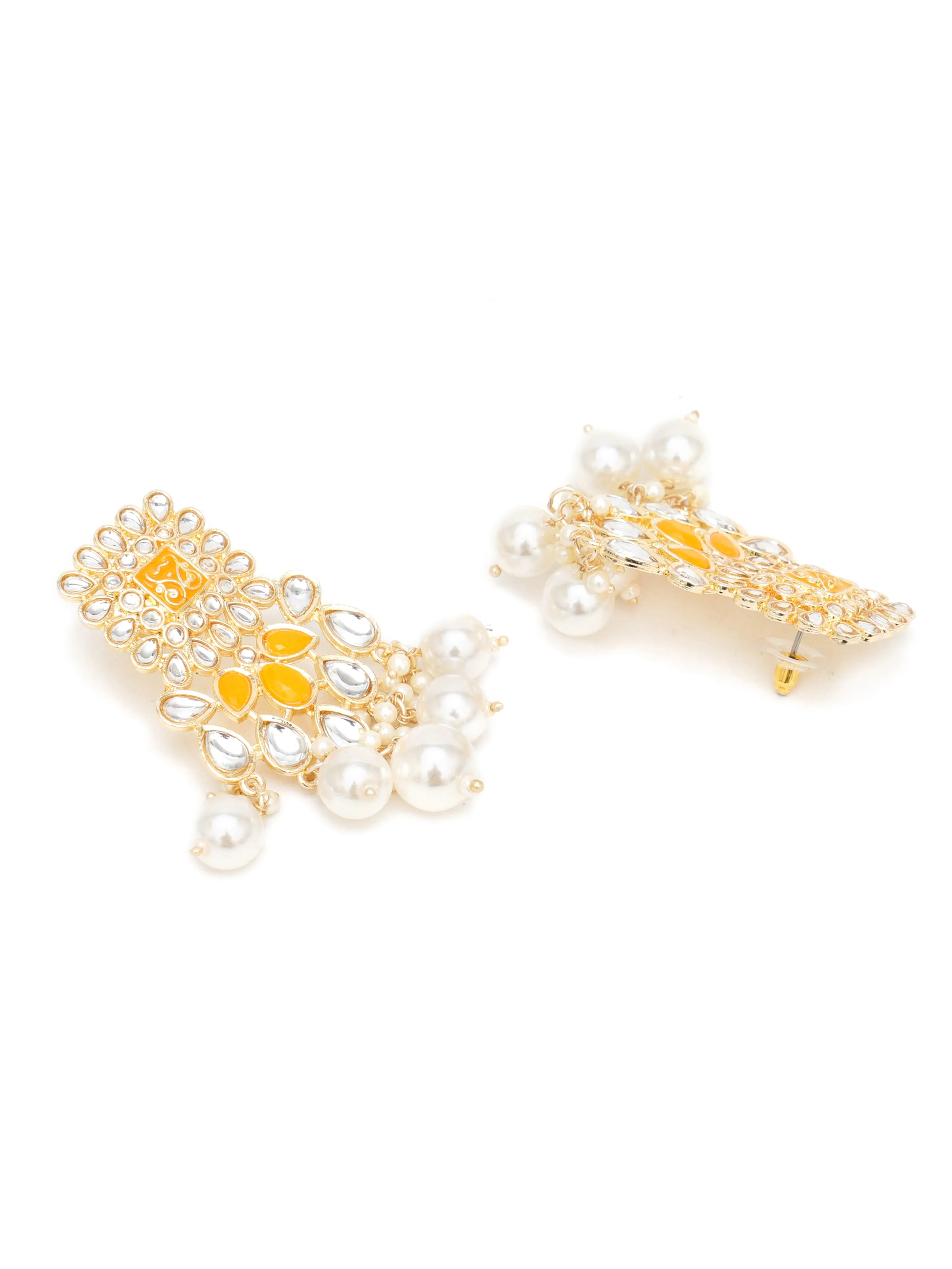 Karatcart Gold Plated Yellow and Pearl Studded Kundan Dangler Earrings for Women