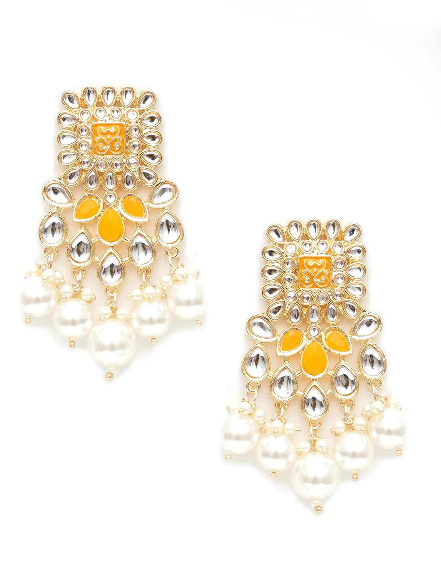 Karatcart Gold Plated Yellow and Pearl Studded Kundan Dangler Earrings for Women