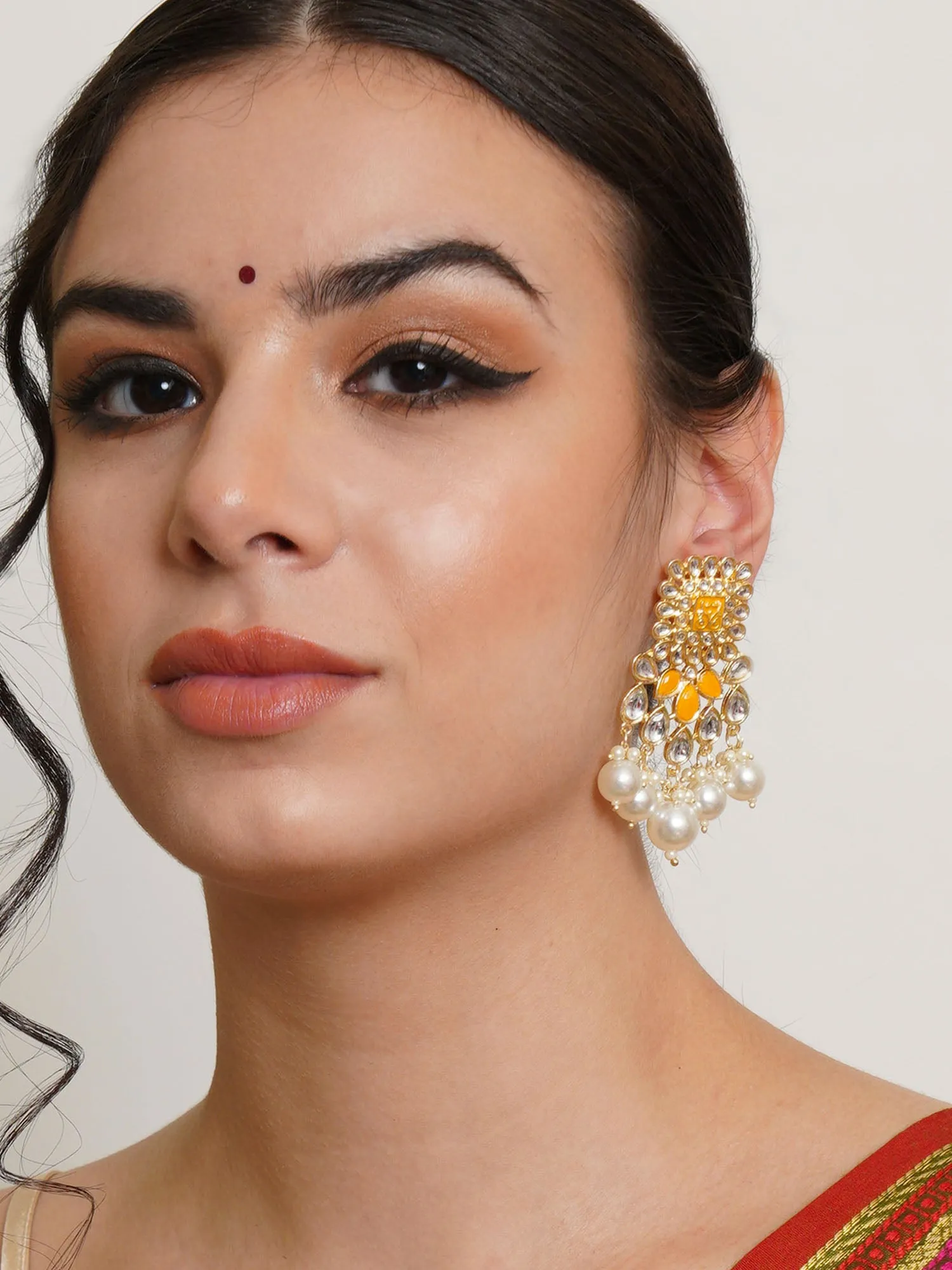 Karatcart Gold Plated Yellow and Pearl Studded Kundan Dangler Earrings for Women