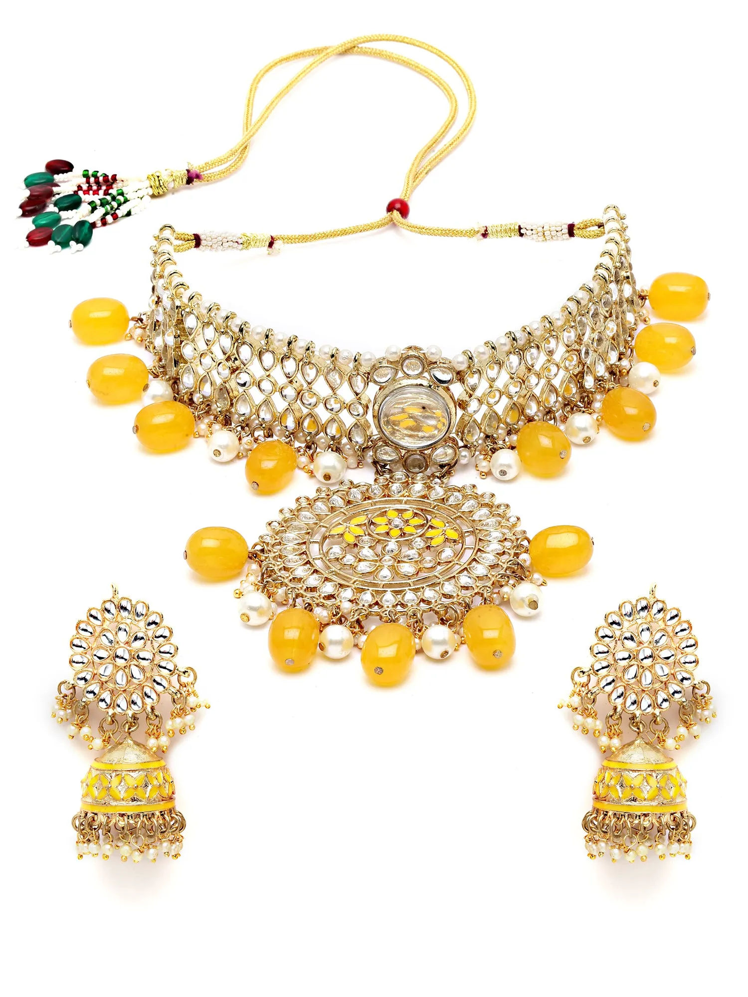 Karatcart Gold Plated Yellow Tumble Studded Kundan Choker Necklace Set for Women