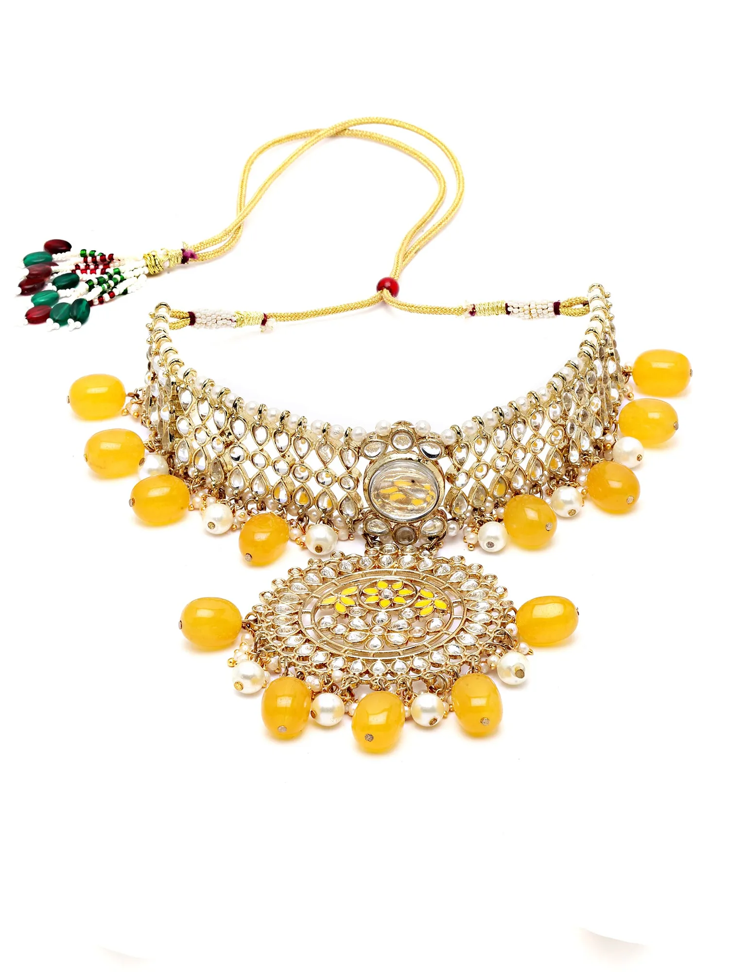 Karatcart Gold Plated Yellow Tumble Studded Kundan Choker Necklace Set for Women