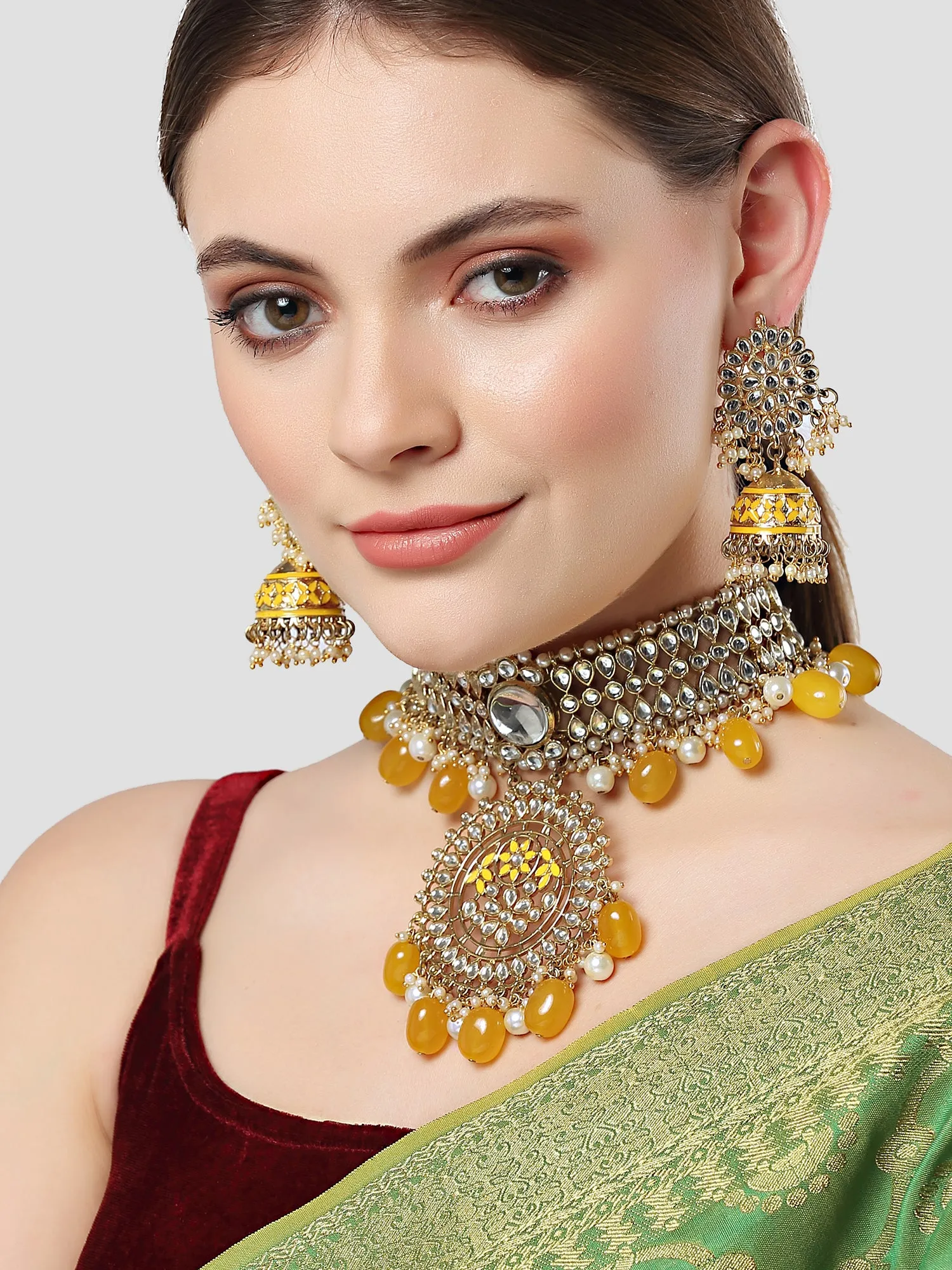 Karatcart Gold Plated Yellow Tumble Studded Kundan Choker Necklace Set for Women