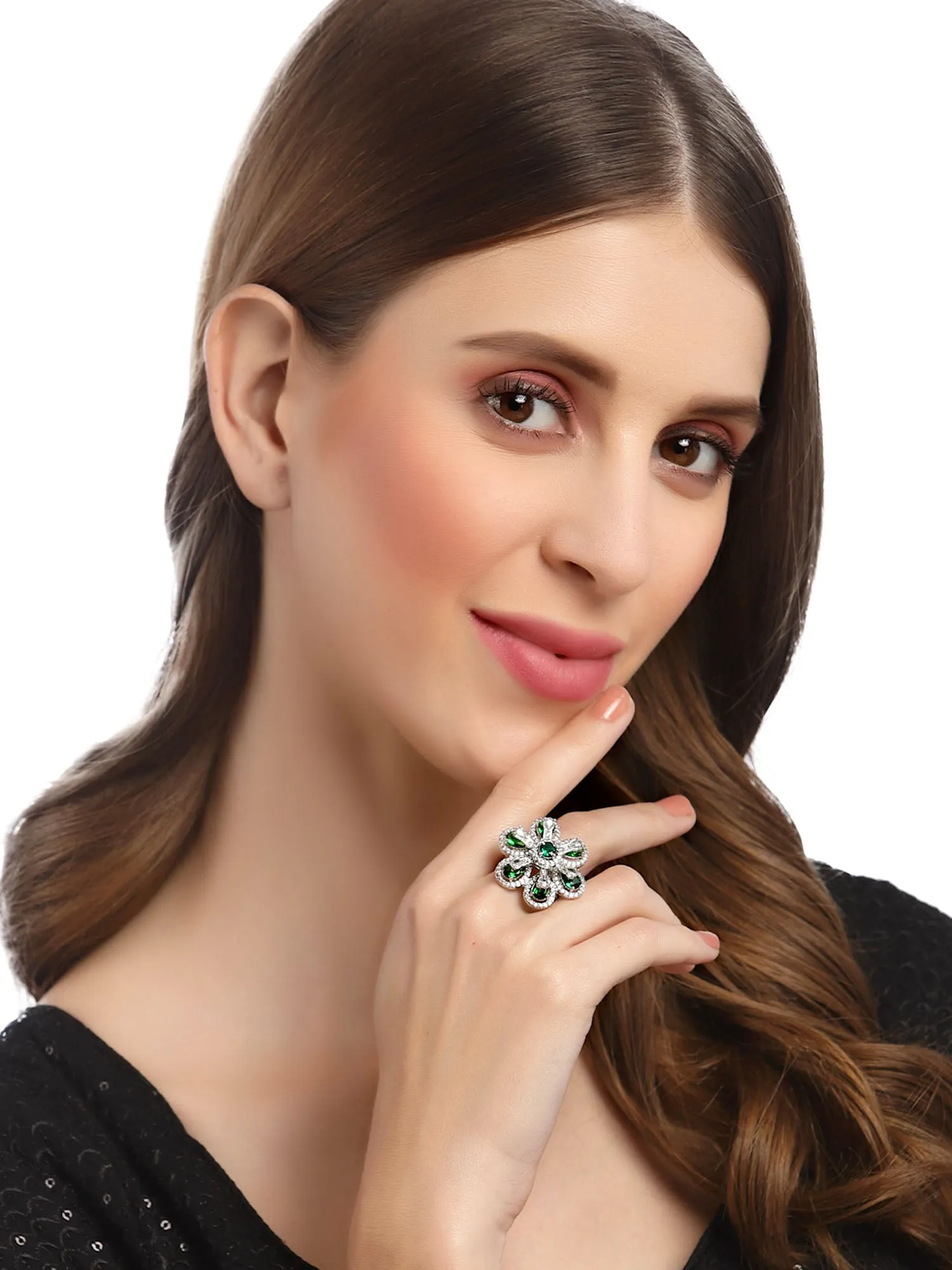 Karatcart Green Cubic Zirconia Studded Silver Tone Adjustable Ring for Women