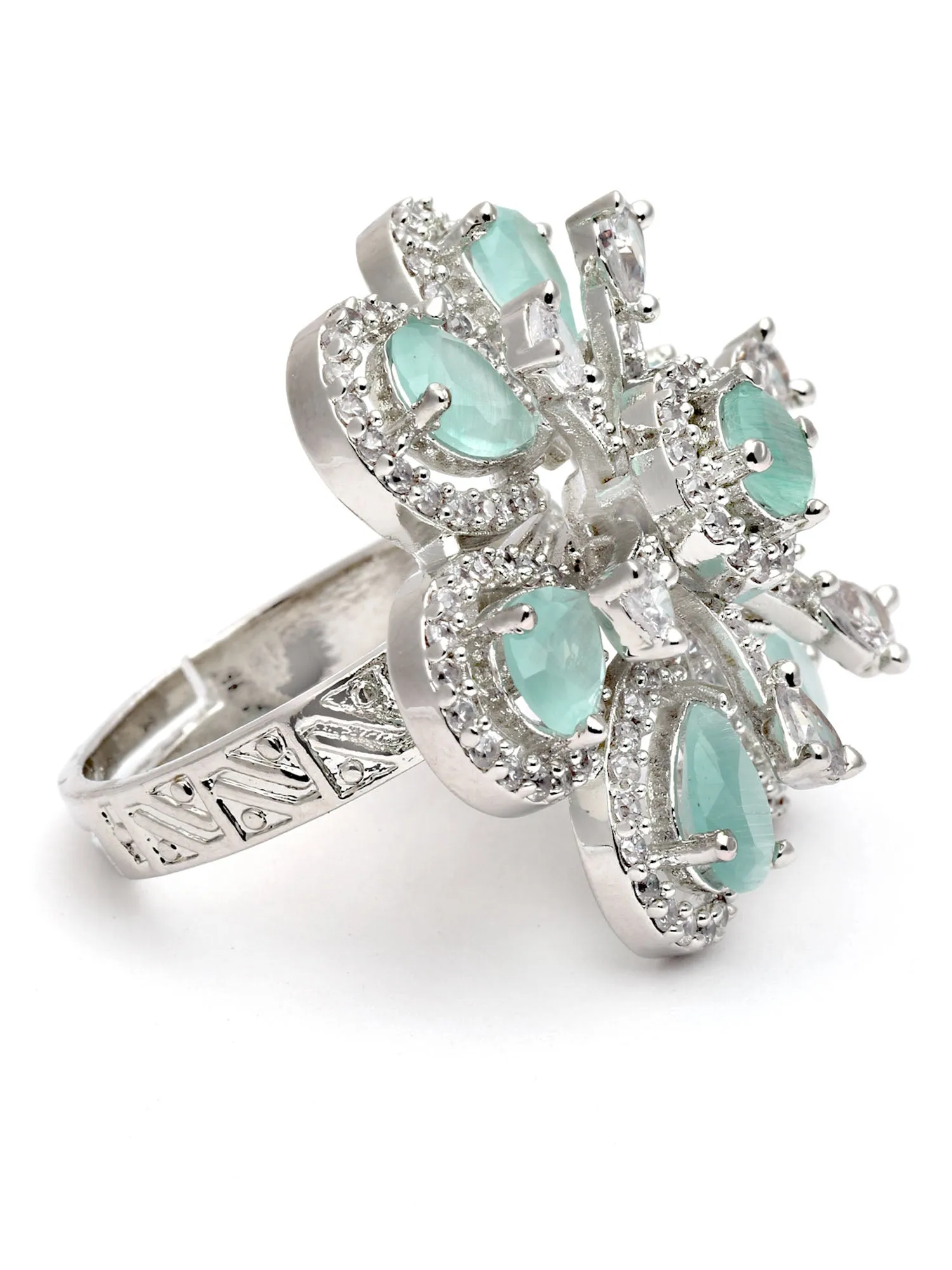 Karatcart Light Green Cubic Zirconia Studded Silver Tone Adjustable Ring for Women