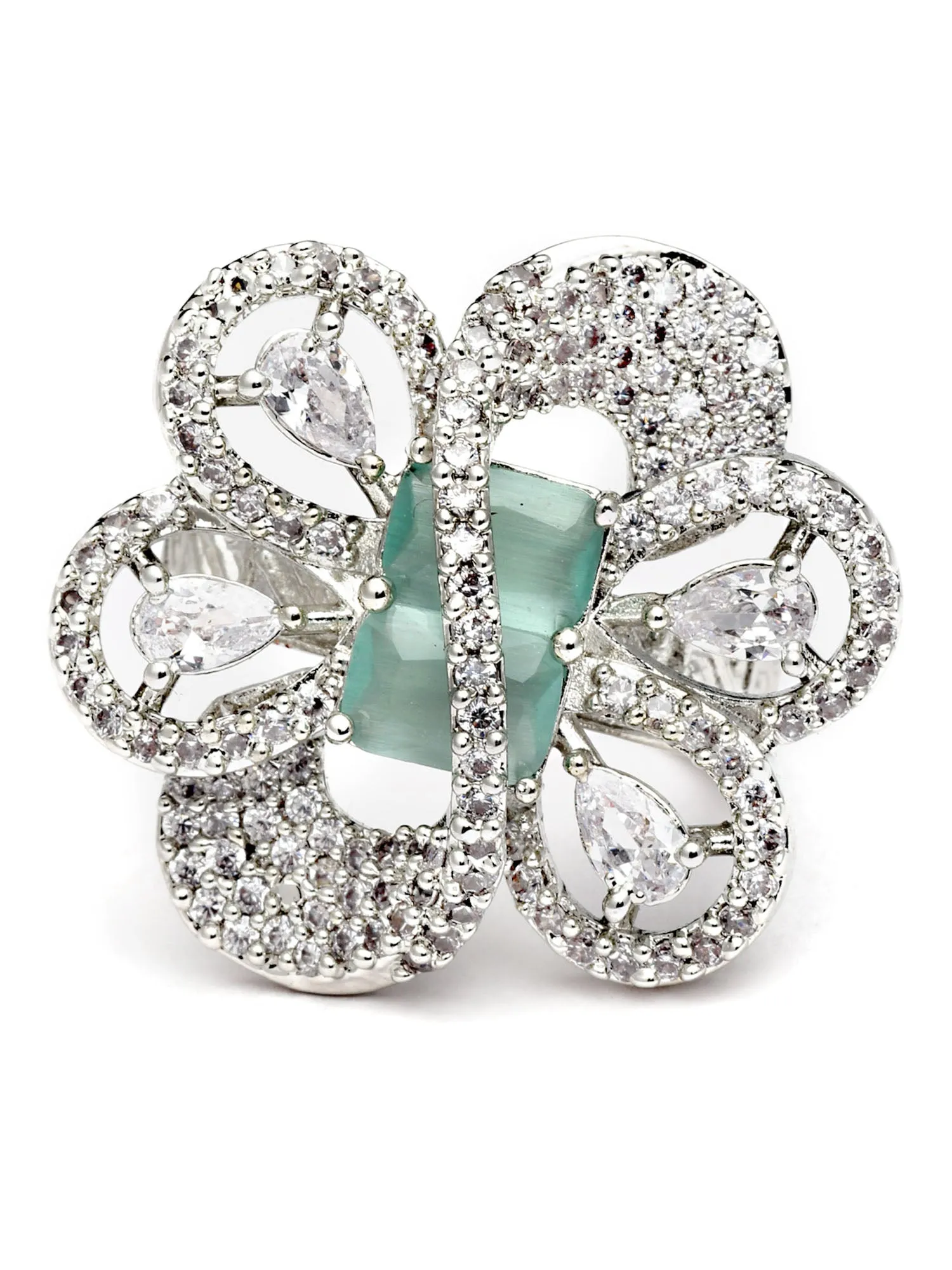 Karatcart Light Green Cubic Zirconia Studded Silver Tone Adjustable Ring for Women