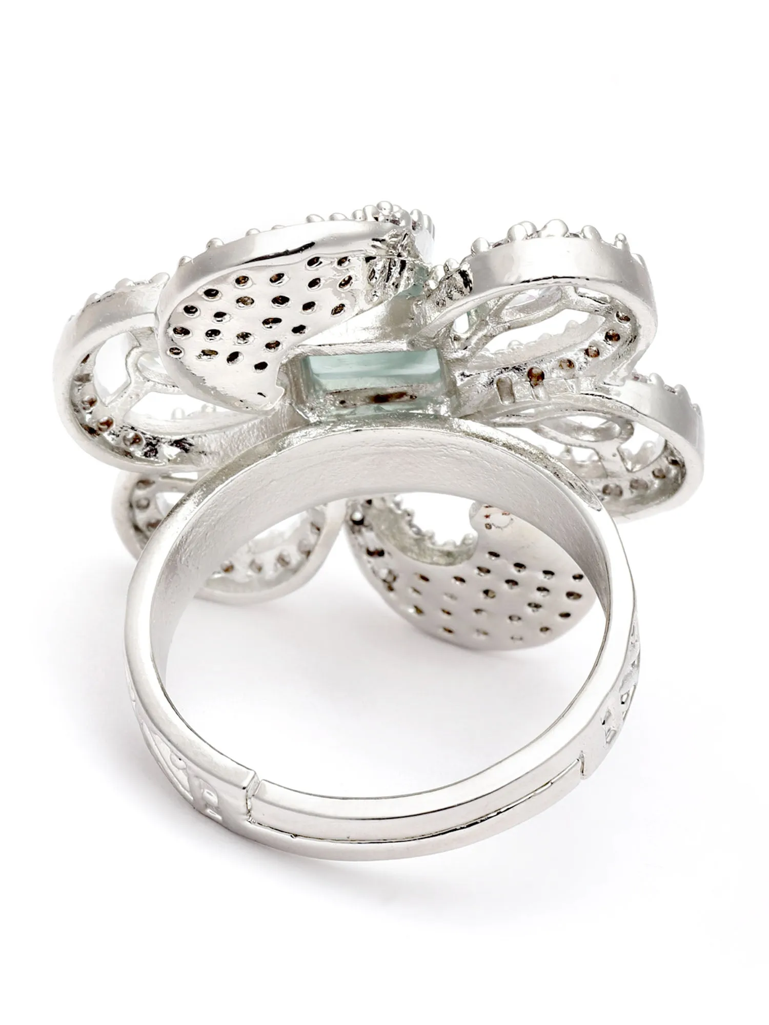 Karatcart Light Green Cubic Zirconia Studded Silver Tone Adjustable Ring for Women