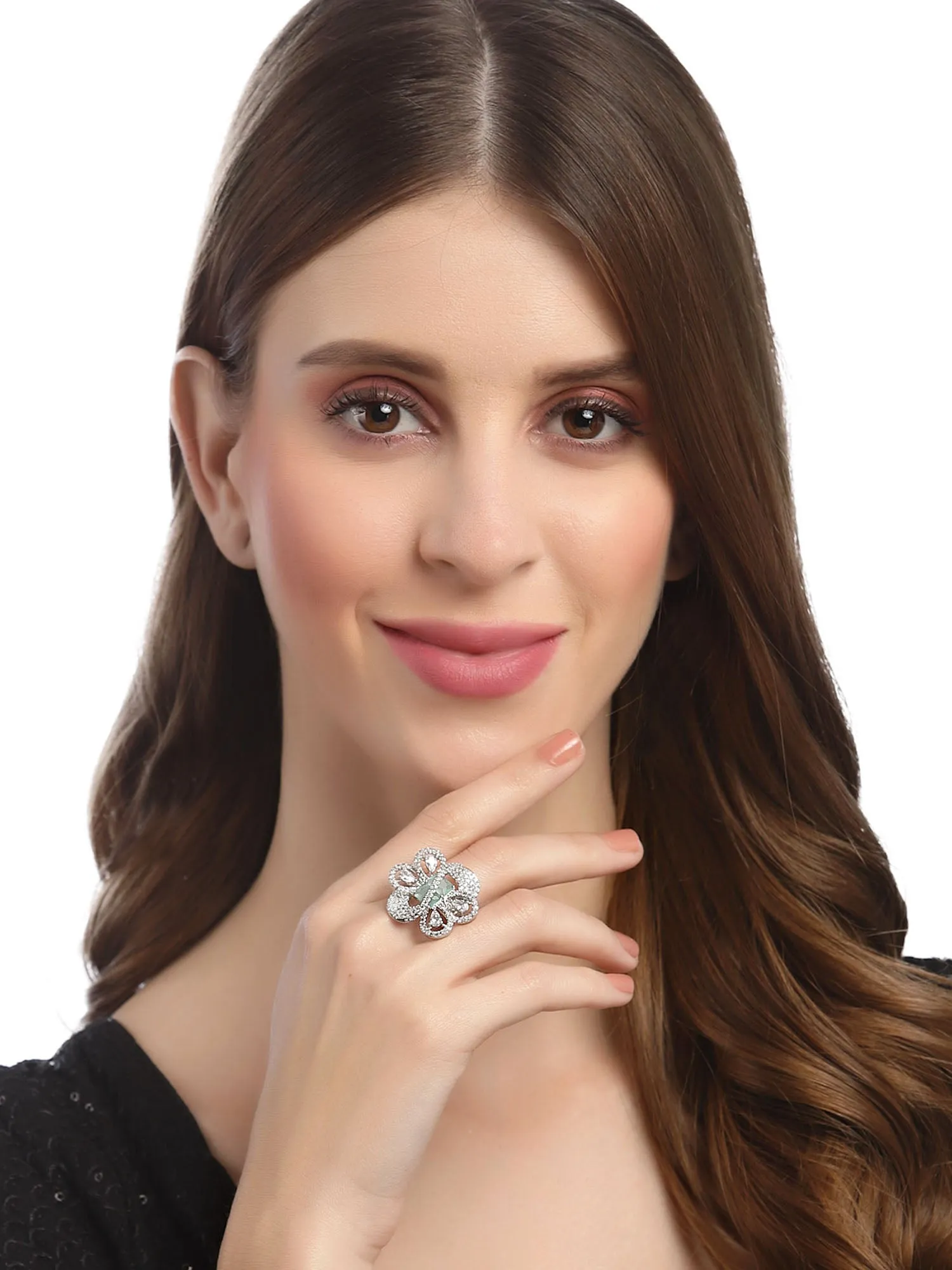 Karatcart Light Green Cubic Zirconia Studded Silver Tone Adjustable Ring for Women