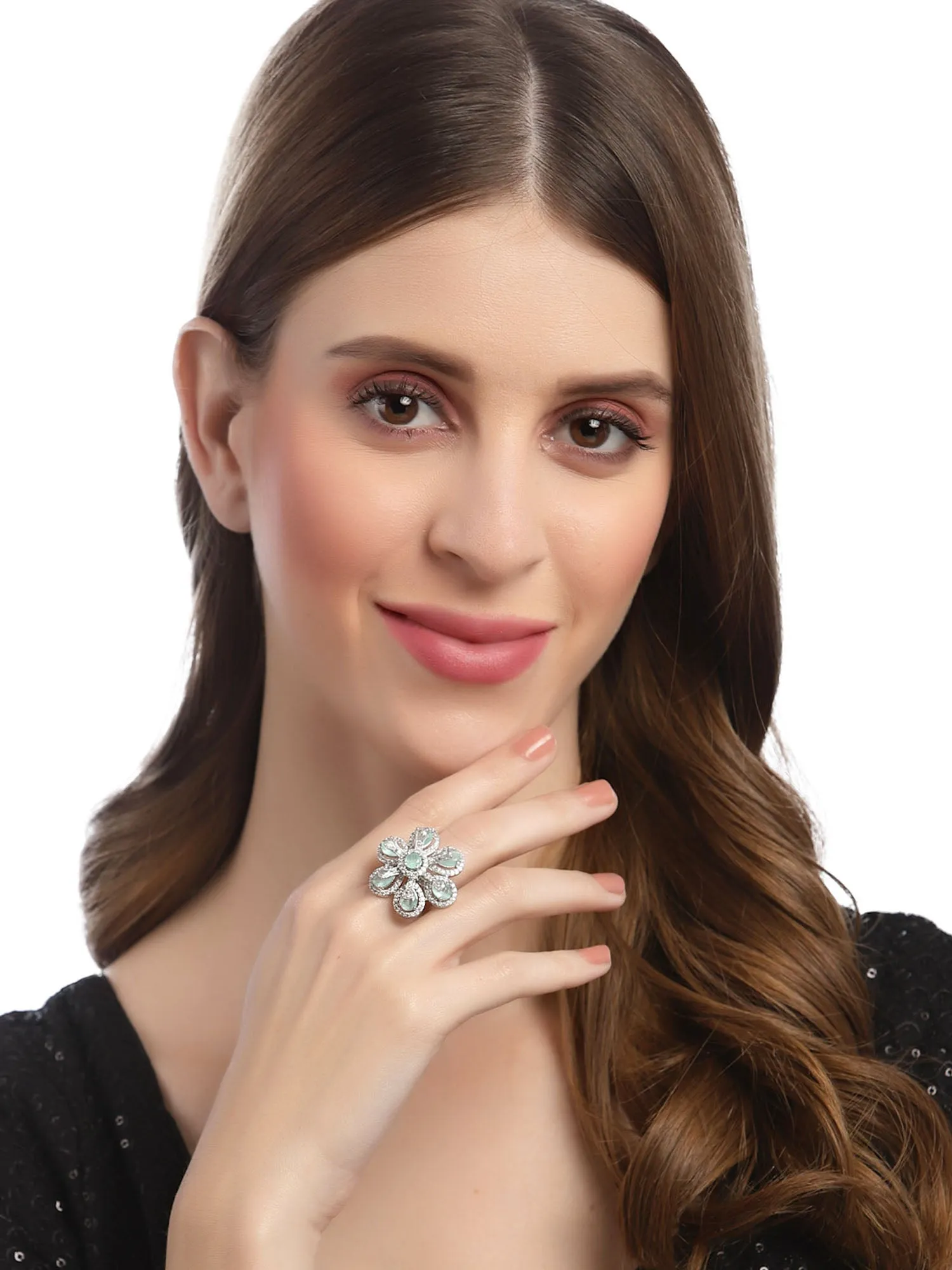 Karatcart Light Green Cubic Zirconia Studded Silver Tone Adjustable Ring for Women