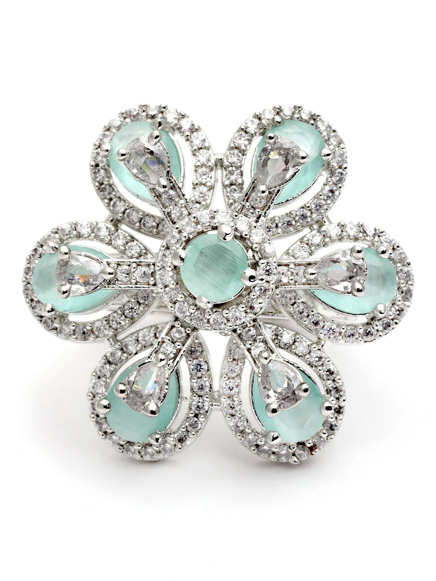 Karatcart Light Green Cubic Zirconia Studded Silver Tone Adjustable Ring for Women
