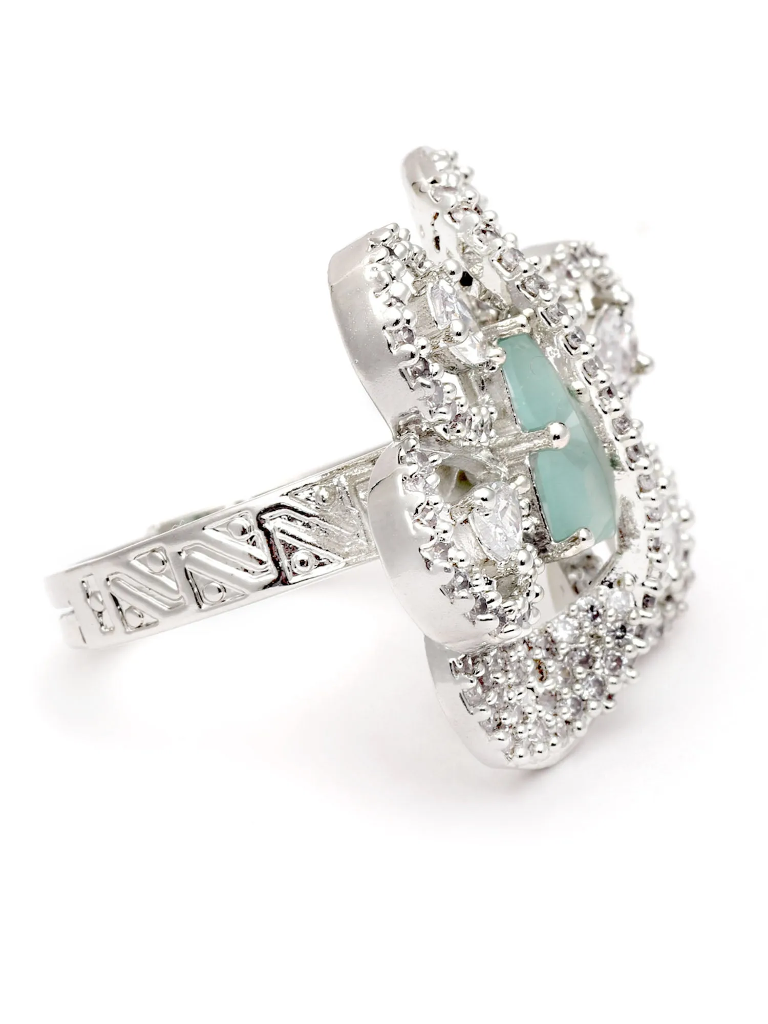 Karatcart Light Green Cubic Zirconia Studded Silver Tone Adjustable Ring for Women