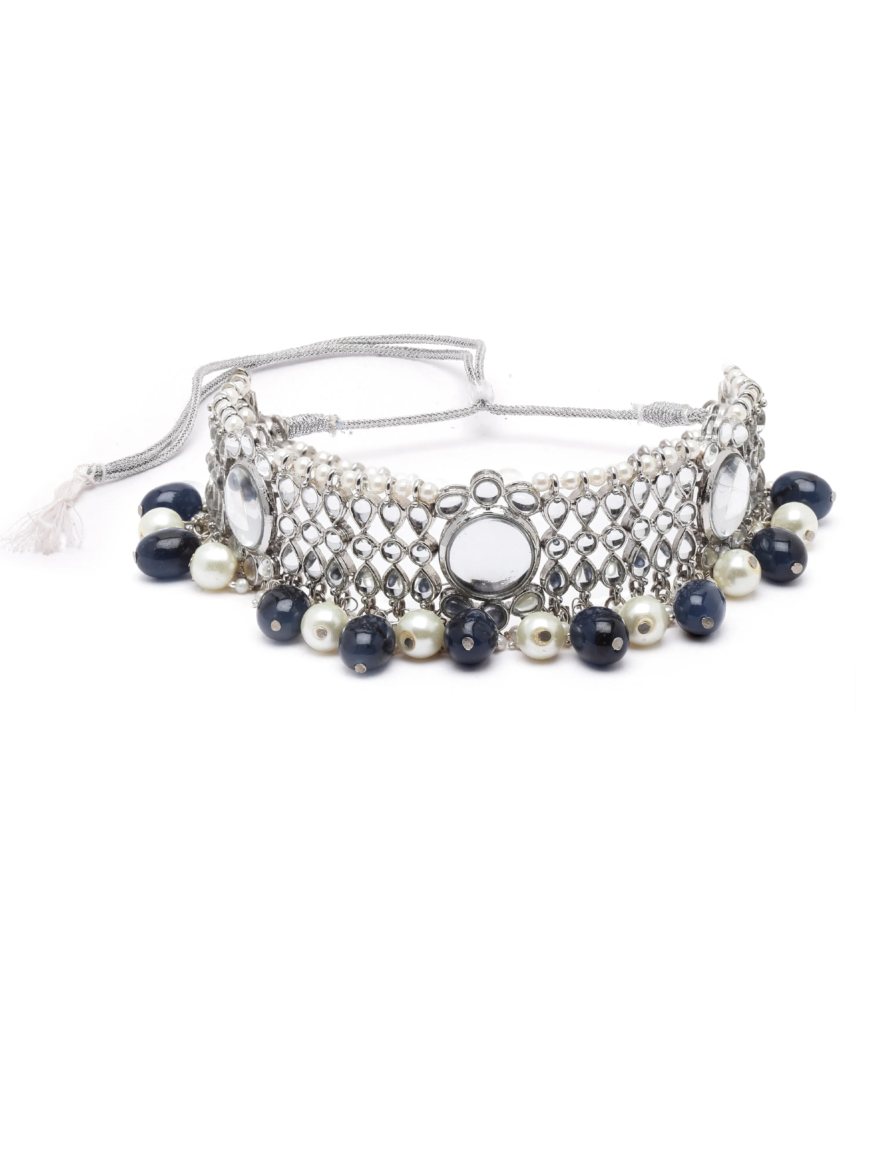 Karatcart Oxidised Silver Blue Tumble and Pearl Studded Kundan Choker Necklace Set for Women