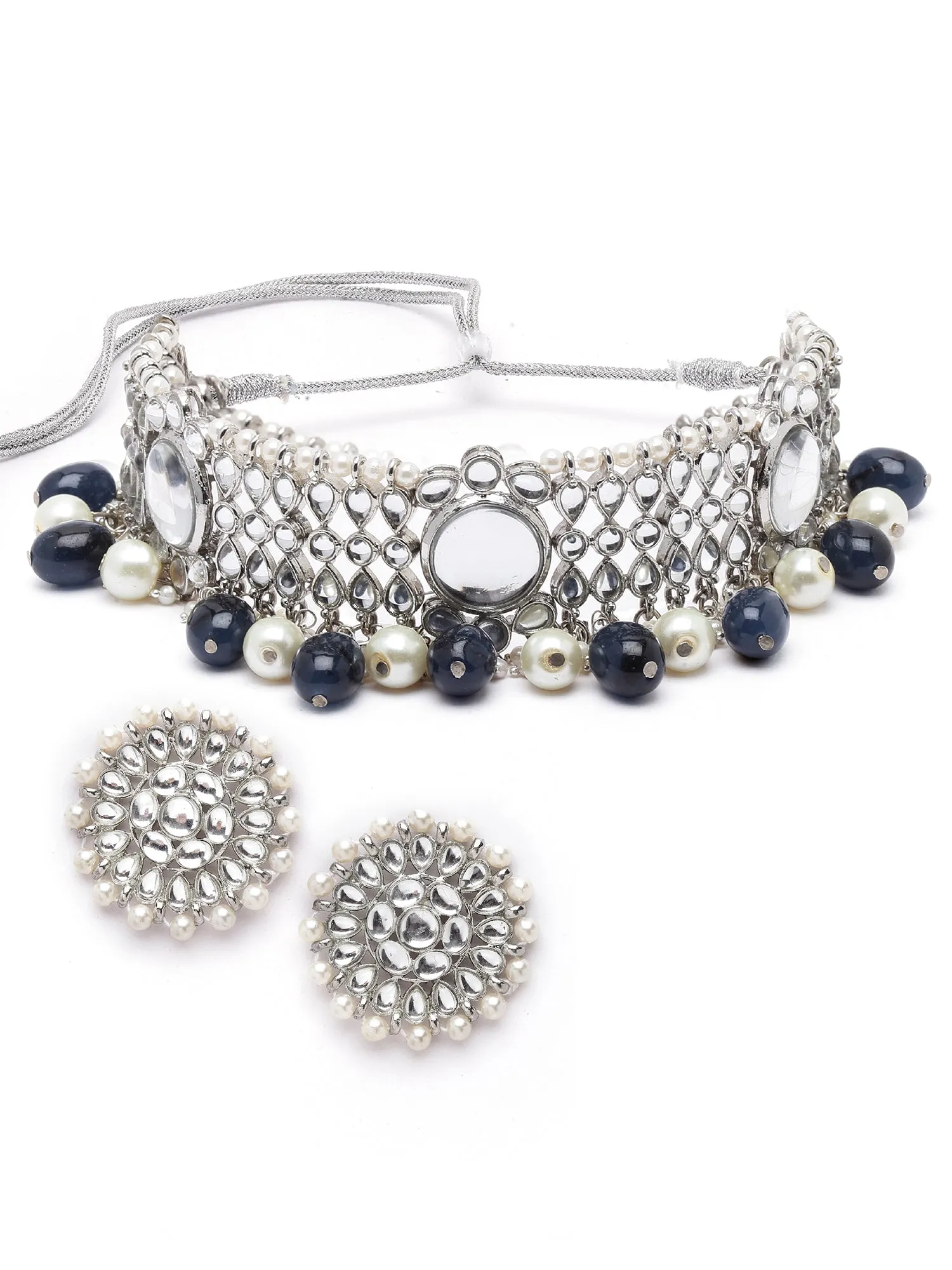 Karatcart Oxidised Silver Blue Tumble and Pearl Studded Kundan Choker Necklace Set for Women