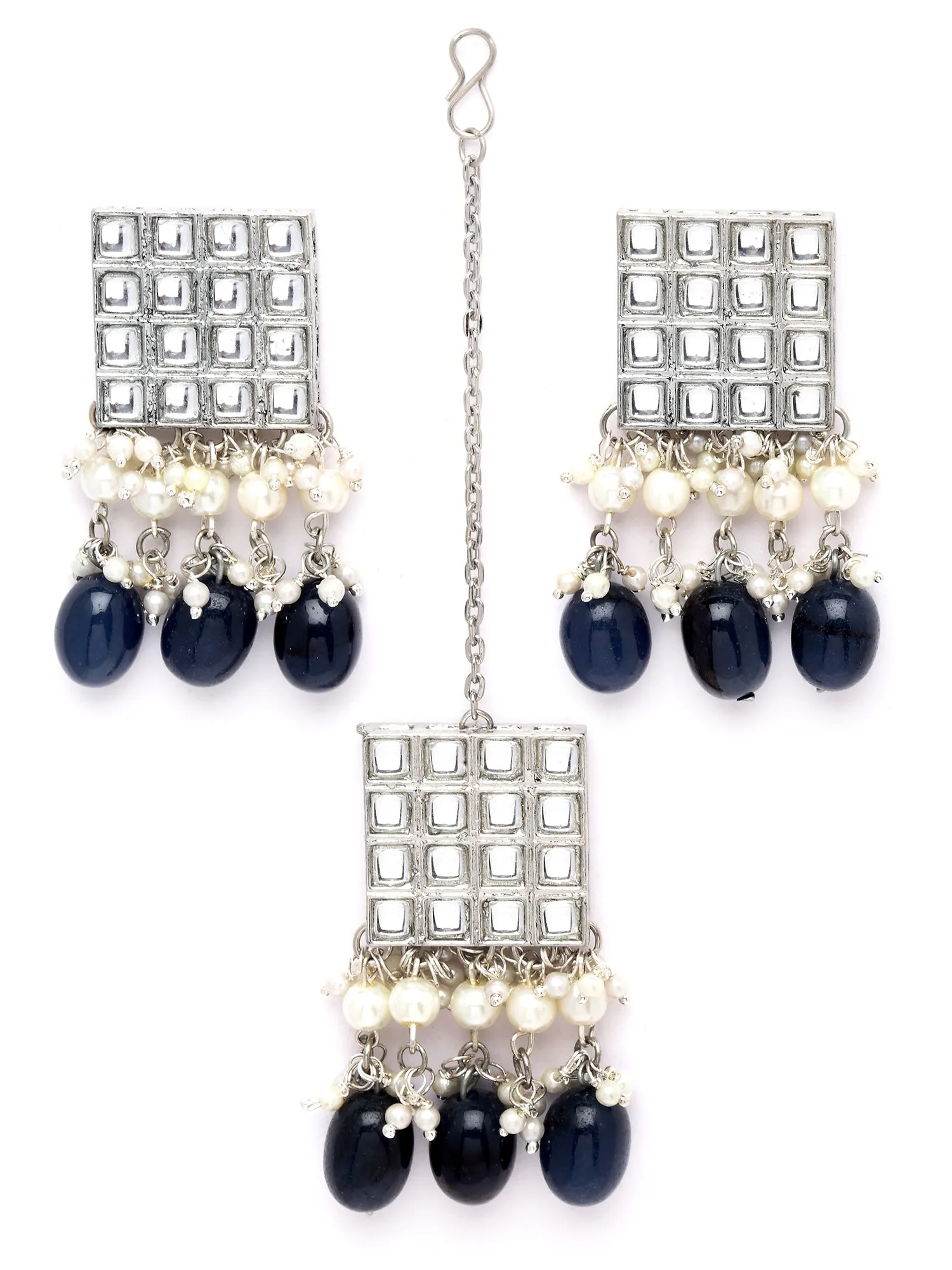 Karatcart Oxidised Silver Blue Tumble and Pearl Studded Kundan Dangler Earrings for Women
