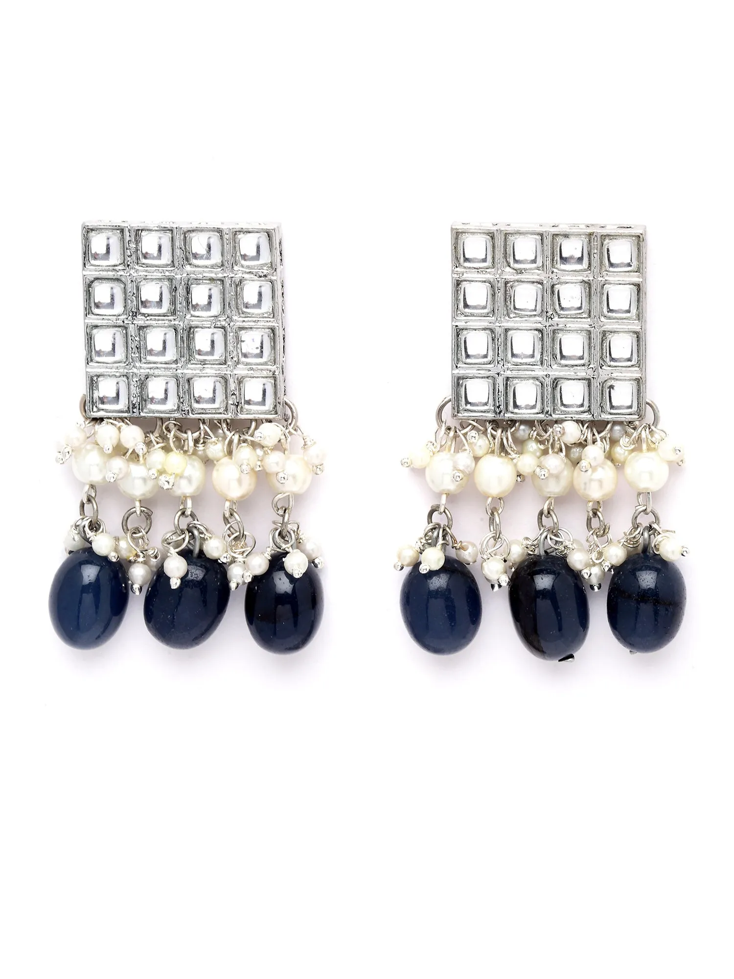 Karatcart Oxidised Silver Blue Tumble and Pearl Studded Kundan Dangler Earrings for Women
