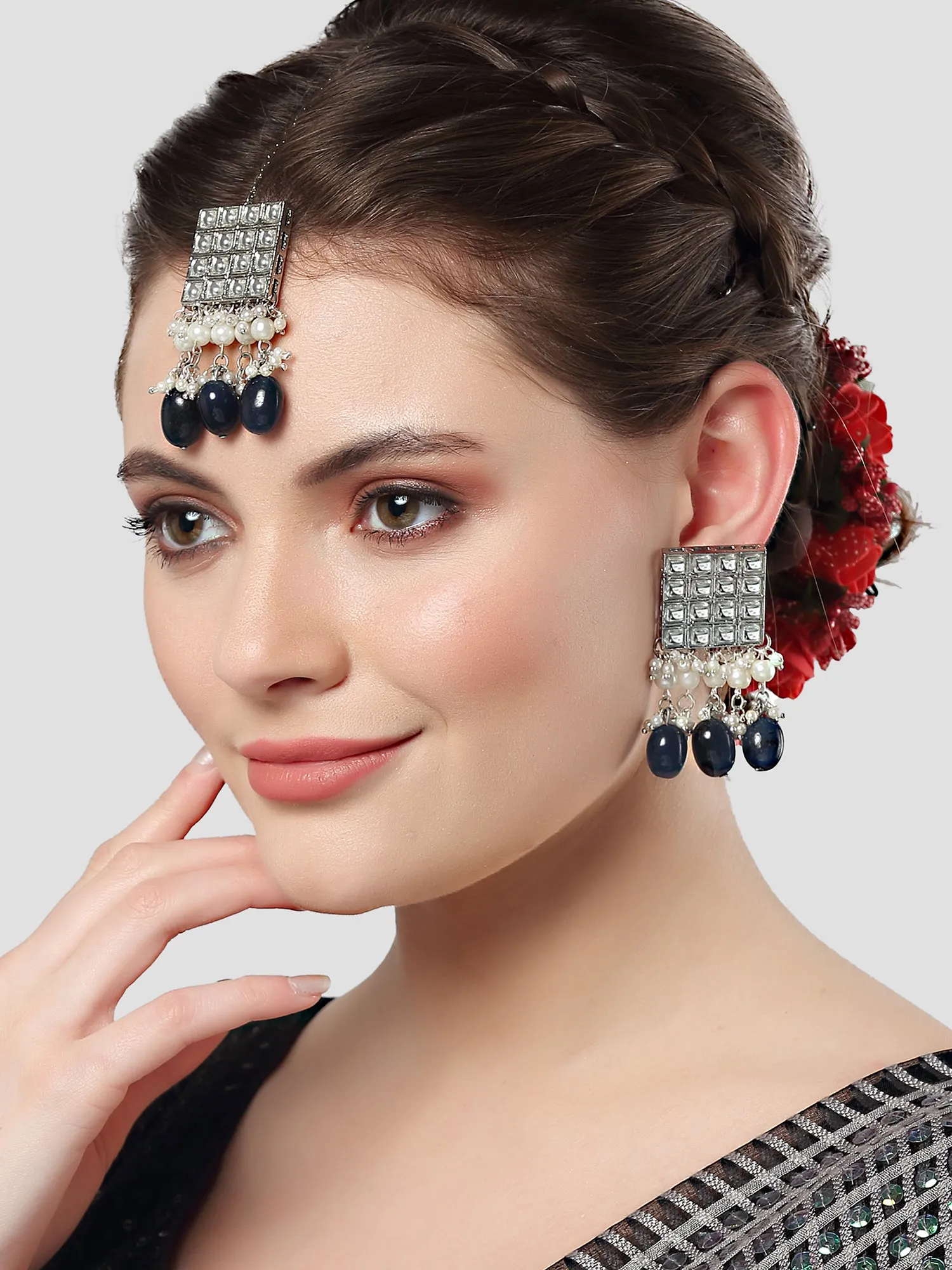 Karatcart Oxidised Silver Blue Tumble and Pearl Studded Kundan Dangler Earrings for Women