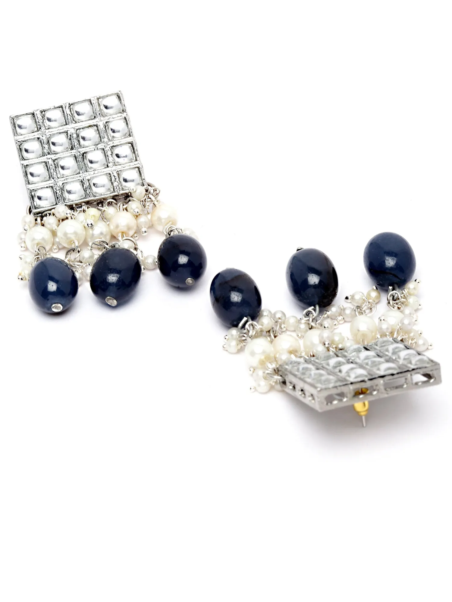 Karatcart Oxidised Silver Blue Tumble and Pearl Studded Kundan Dangler Earrings for Women
