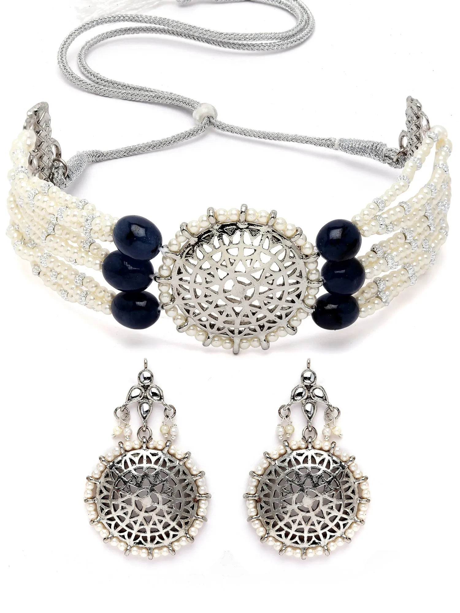 Karatcart Oxidised Silver Blue Tumble Studded Pearl Beaded Kundan Choker Necklace Set for Women