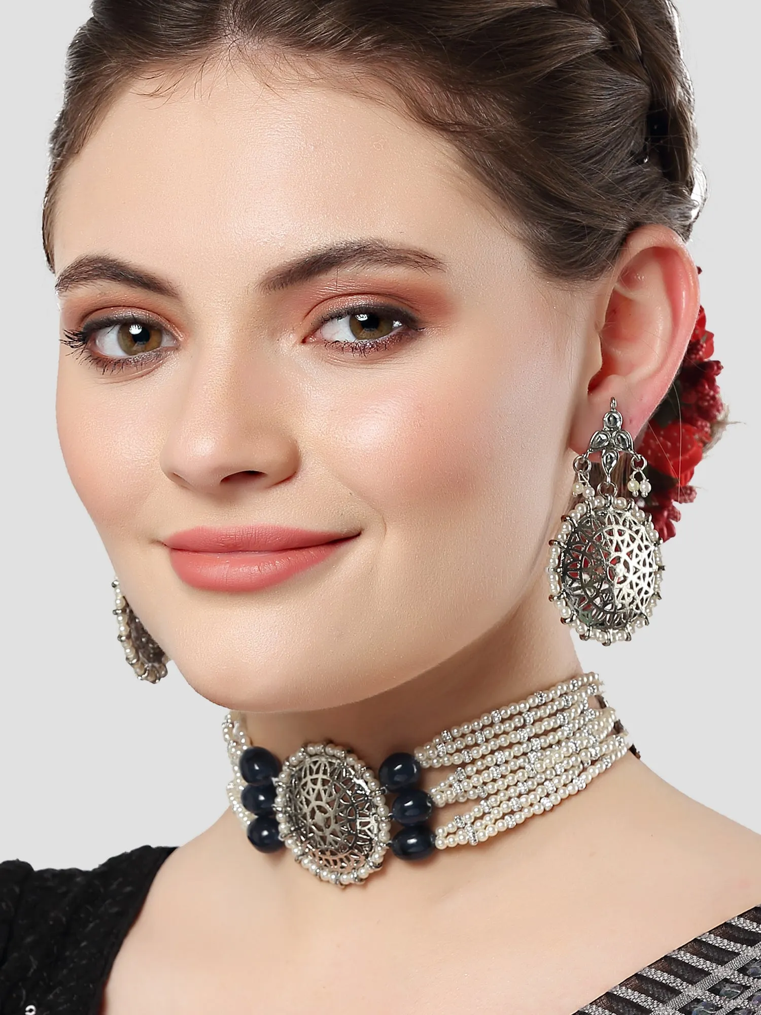 Karatcart Oxidised Silver Blue Tumble Studded Pearl Beaded Kundan Choker Necklace Set for Women