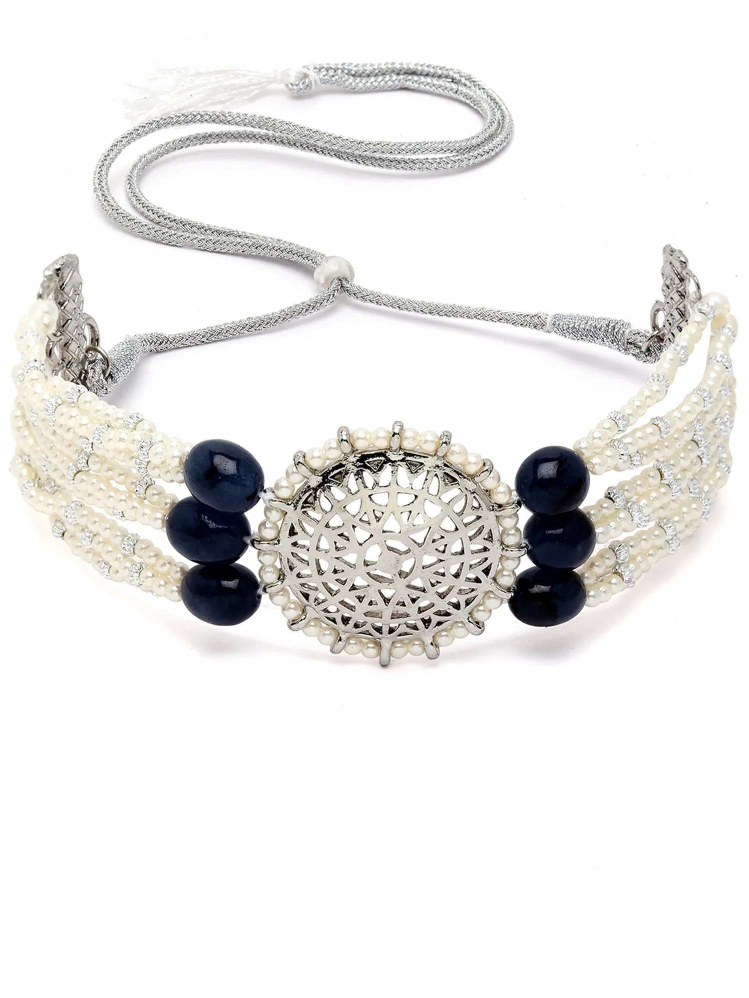 Karatcart Oxidised Silver Blue Tumble Studded Pearl Beaded Kundan Choker Necklace Set for Women