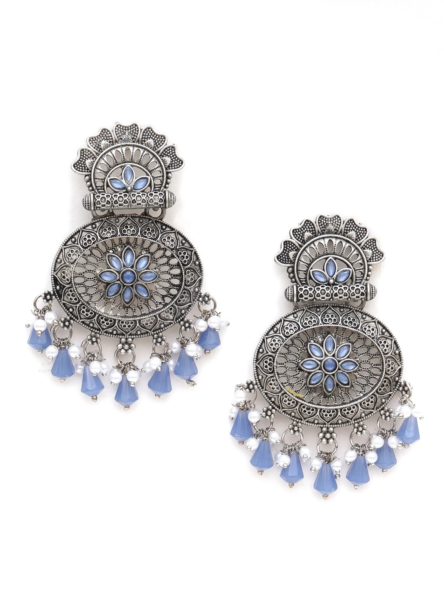 Karatcart Oxidised Silver Floral Design Monalisa Stone Studded Blue Dangler Earrings