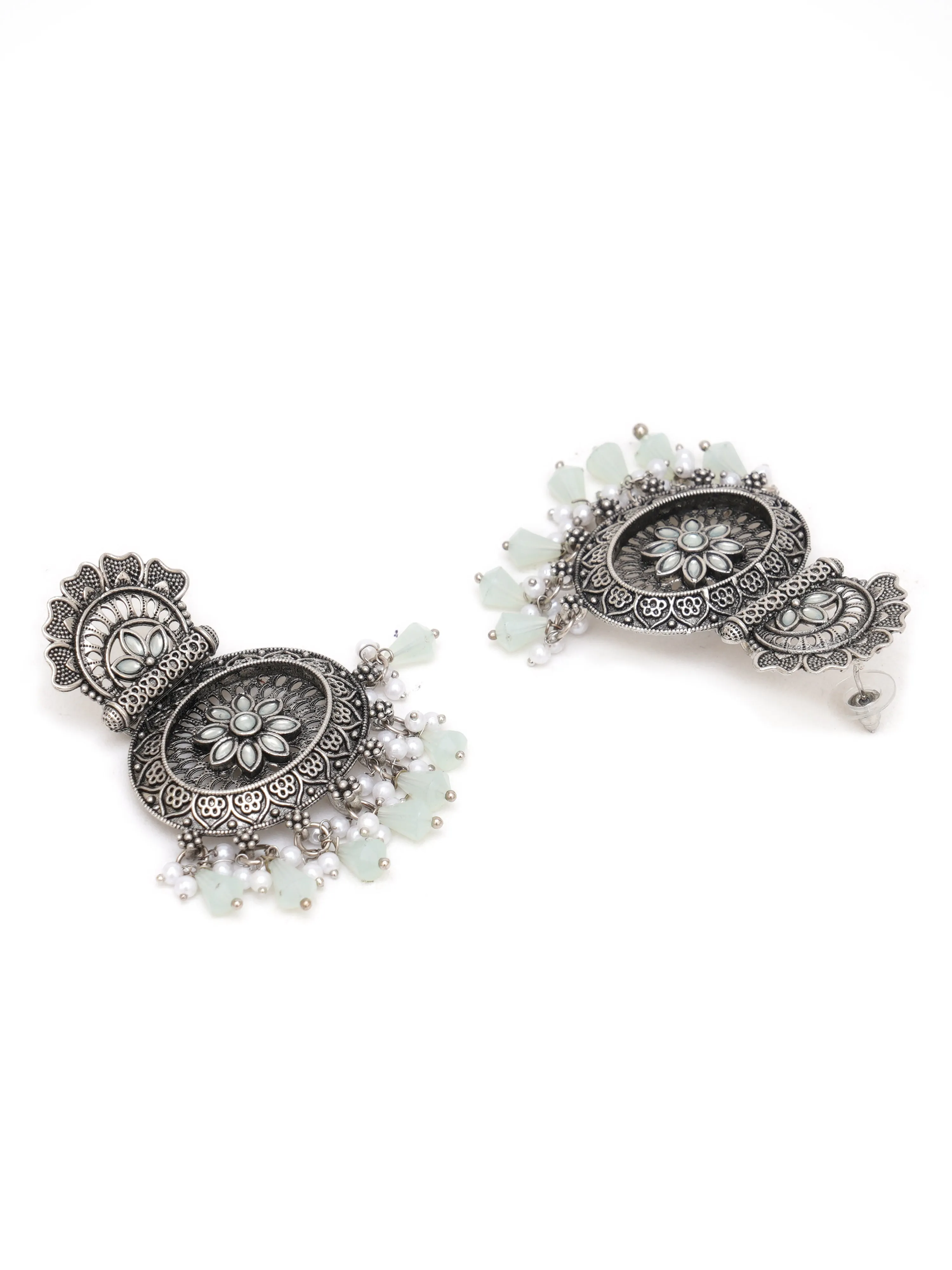 Karatcart Oxidised Silver Floral Design Monalisa Stone Studded Light Green Dangler Earrings