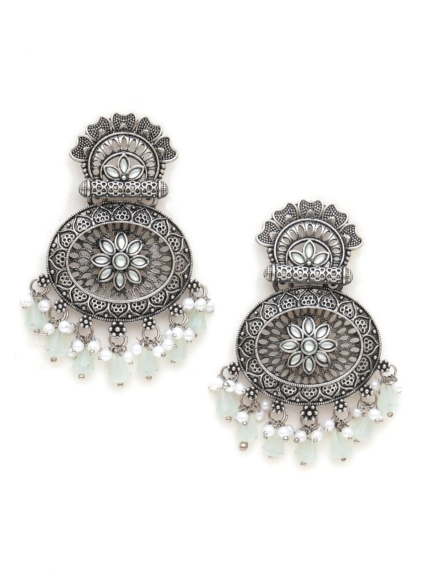 Karatcart Oxidised Silver Floral Design Monalisa Stone Studded Light Green Dangler Earrings