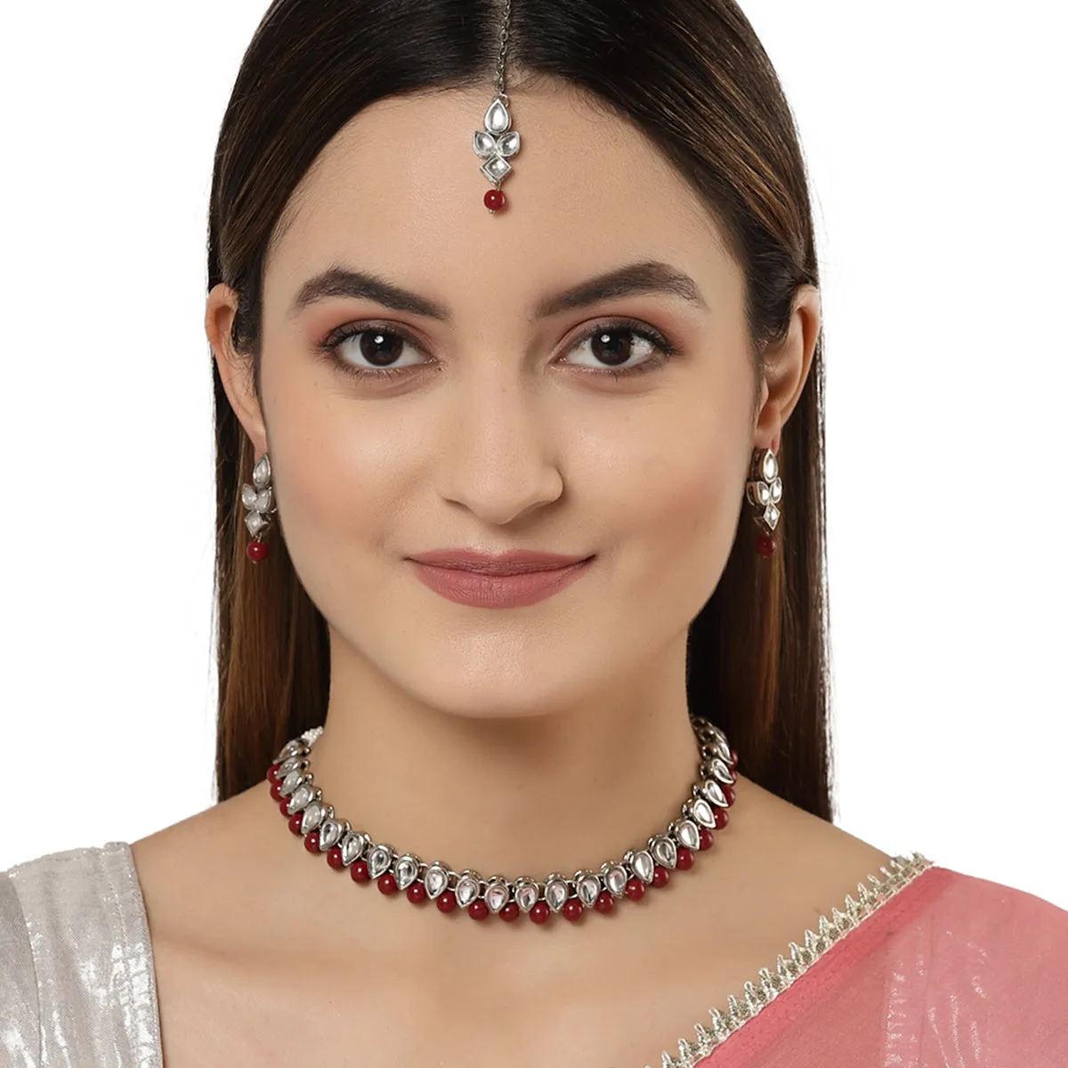 Karatcart Oxidised Silver Handcrafted Kundan & Red Beads Studded Necklace Setfor Women