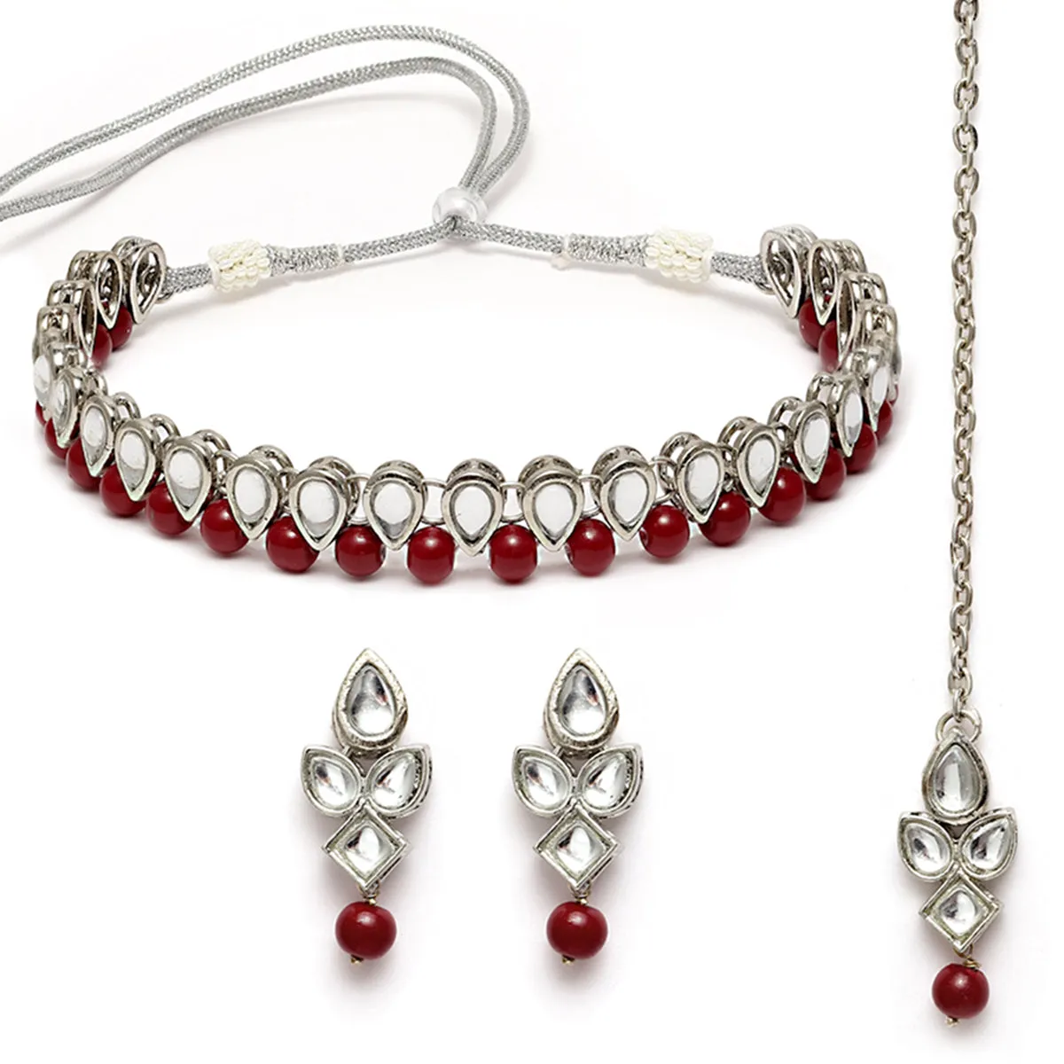 Karatcart Oxidised Silver Handcrafted Kundan & Red Beads Studded Necklace Setfor Women