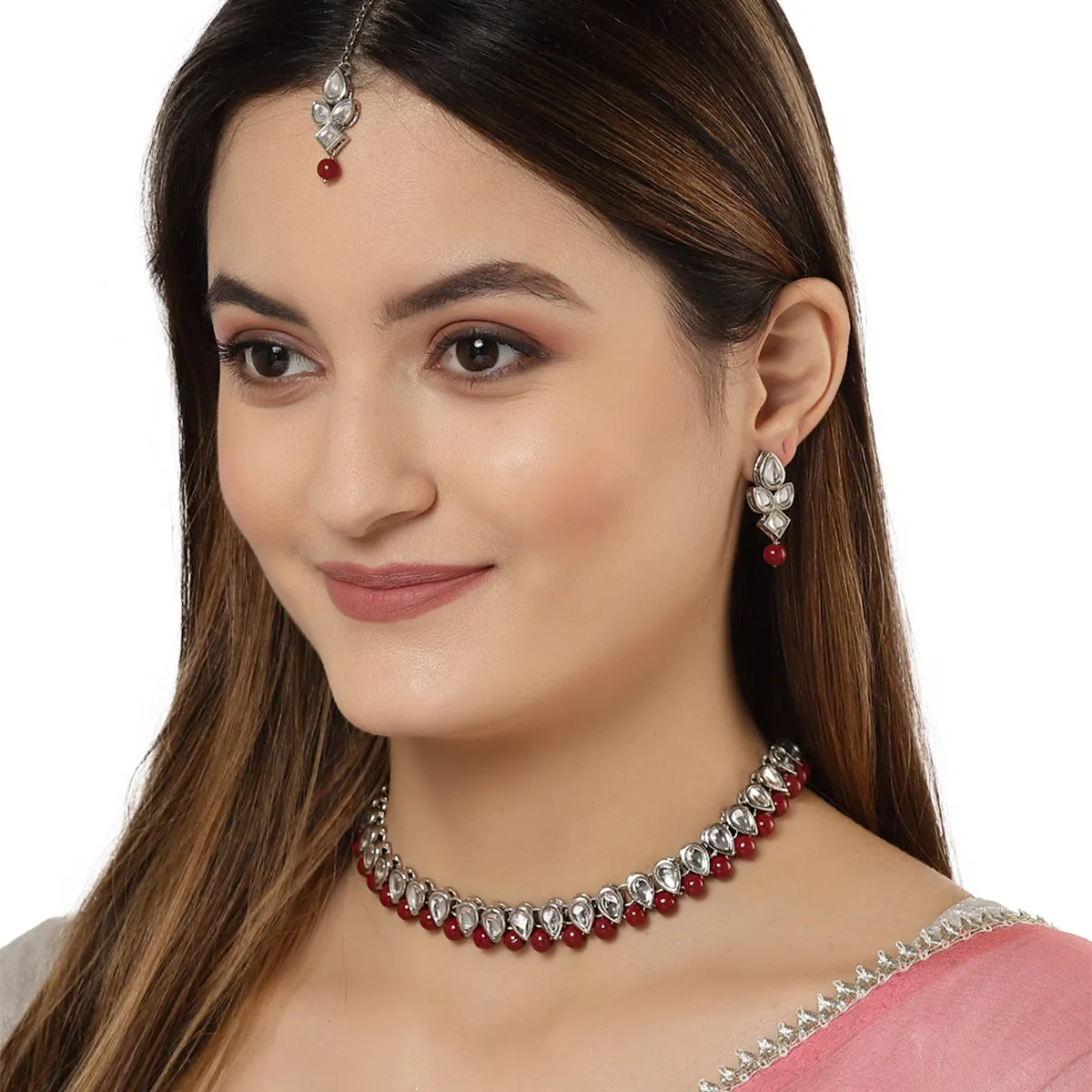 Karatcart Oxidised Silver Handcrafted Kundan & Red Beads Studded Necklace Setfor Women