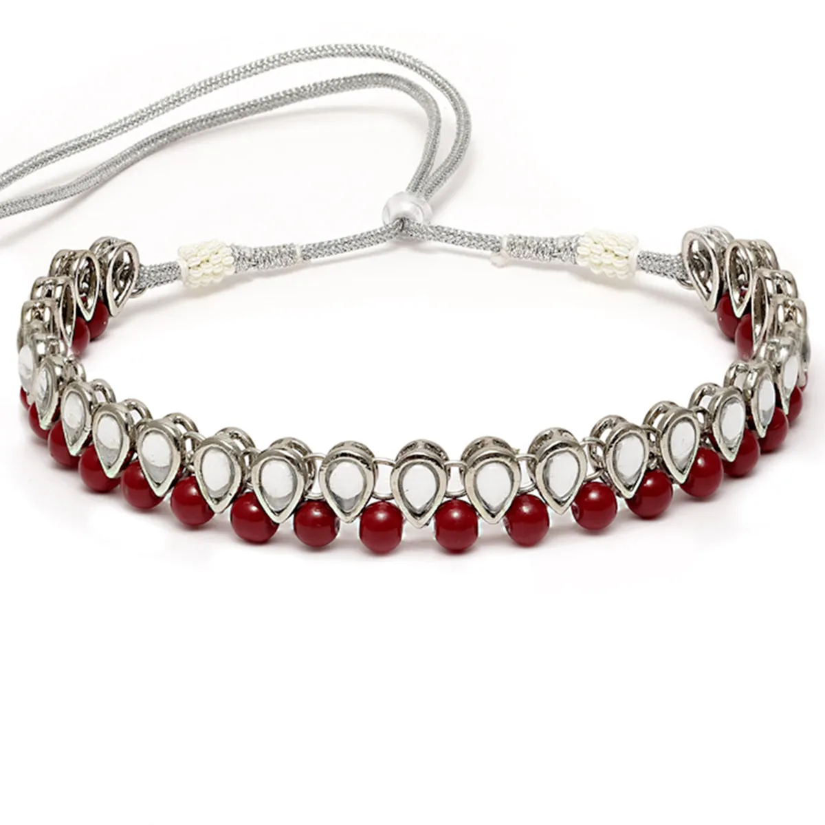 Karatcart Oxidised Silver Handcrafted Kundan & Red Beads Studded Necklace Setfor Women