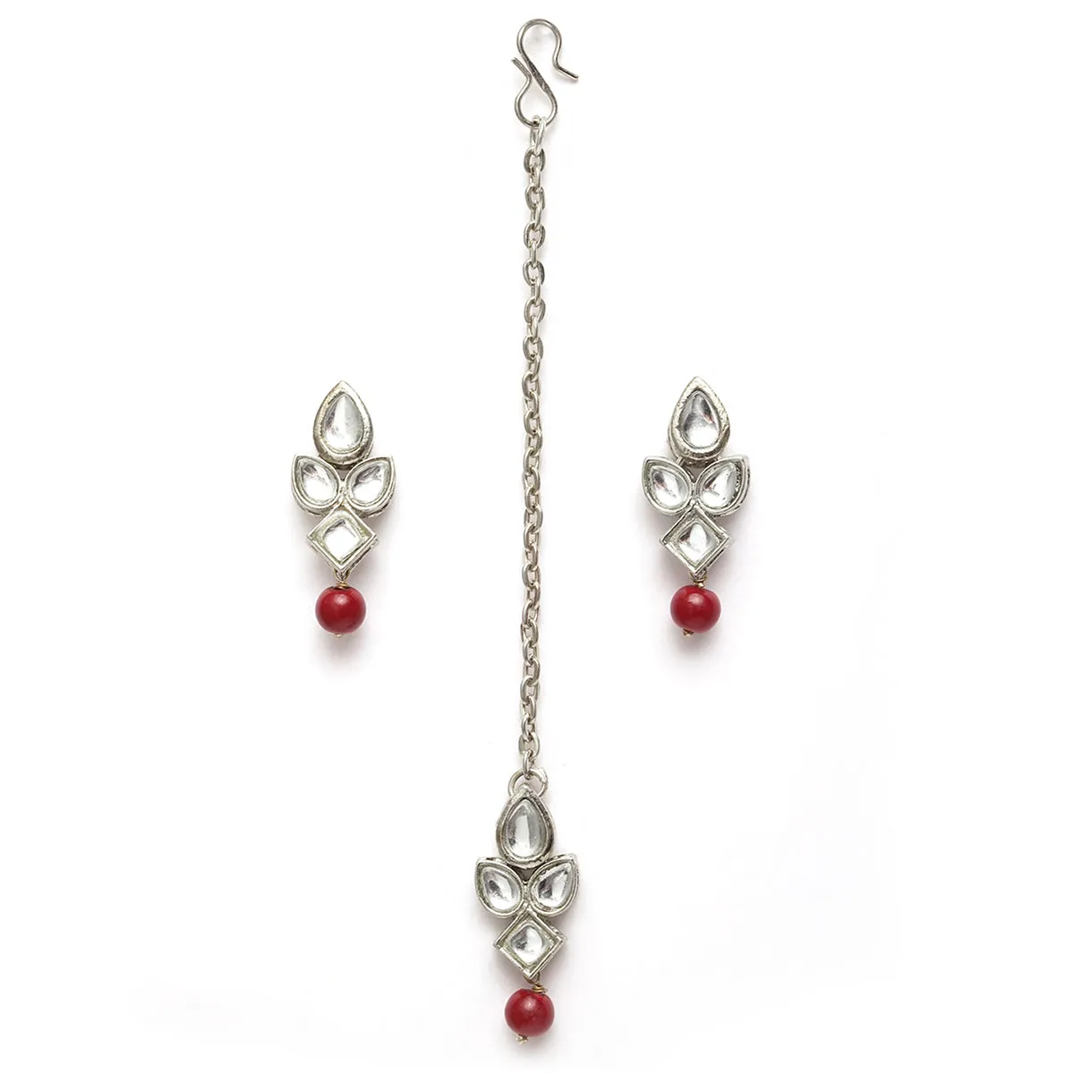 Karatcart Oxidised Silver Handcrafted Kundan & Red Beads Studded Necklace Setfor Women