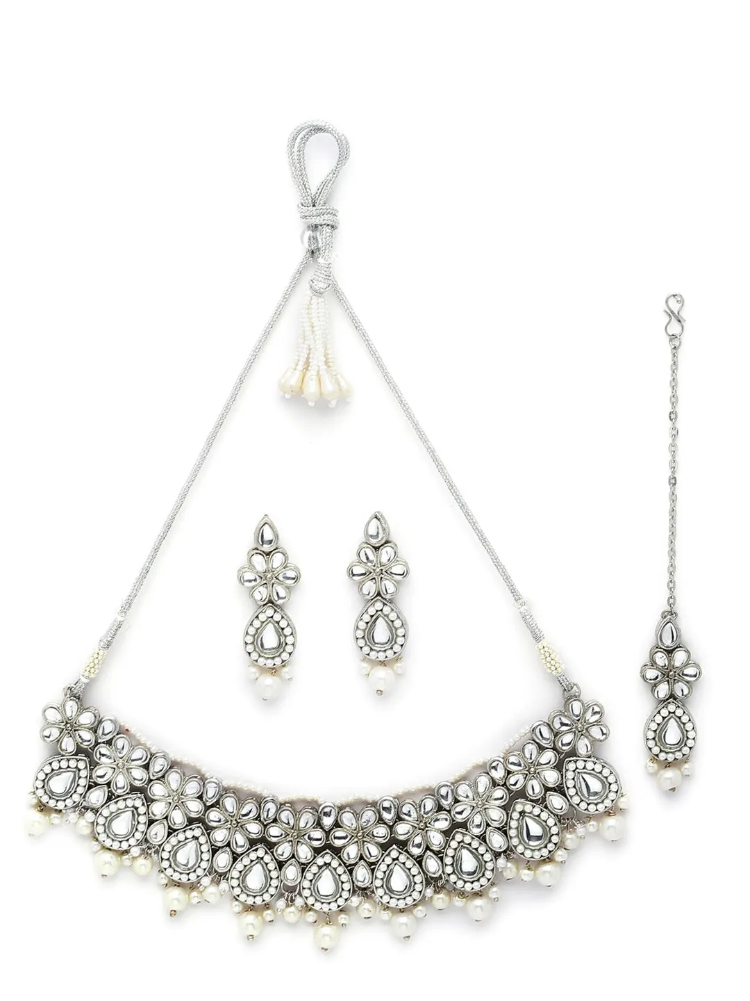 Karatcart Oxidised Silver Pearl Beads Studded Kundan Choker Necklace Set